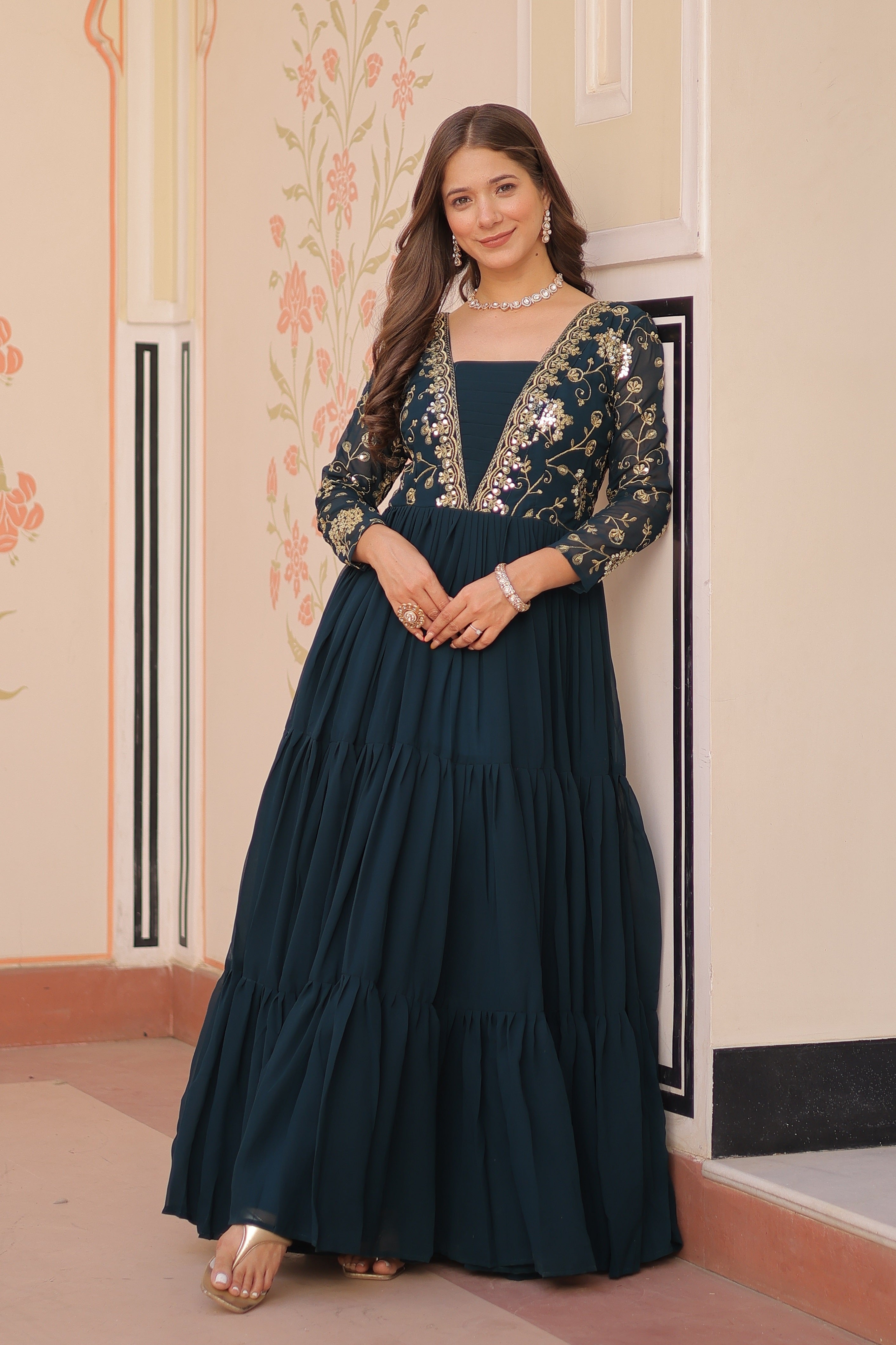 Vedant Vastram Georgette Embroidery & Sequence Work Stitched Ethnic Gown-Rama