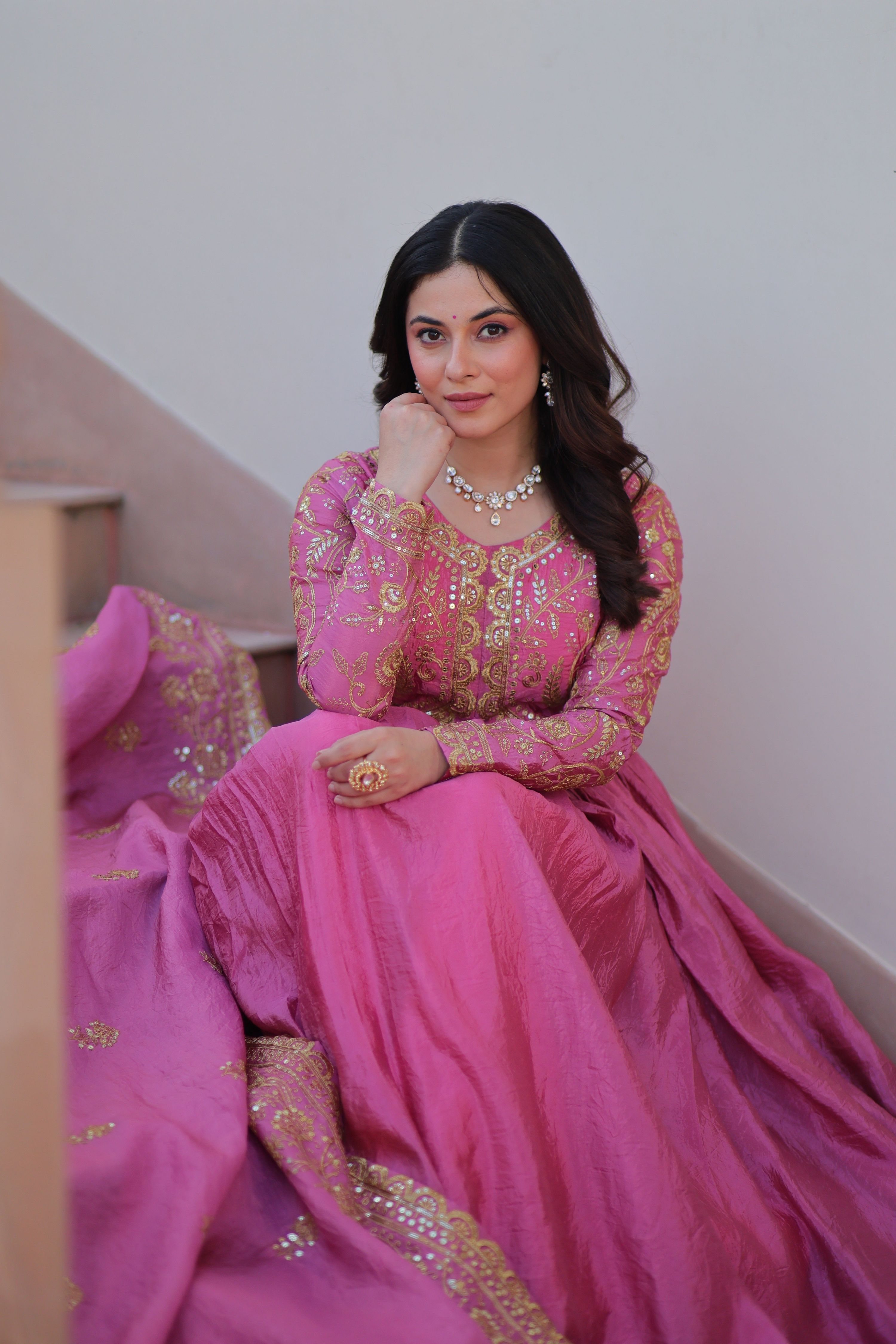 Vedant Vastram Russian Silk Embroidery & Sequence Work Stitched Ethnic Gown-Pink