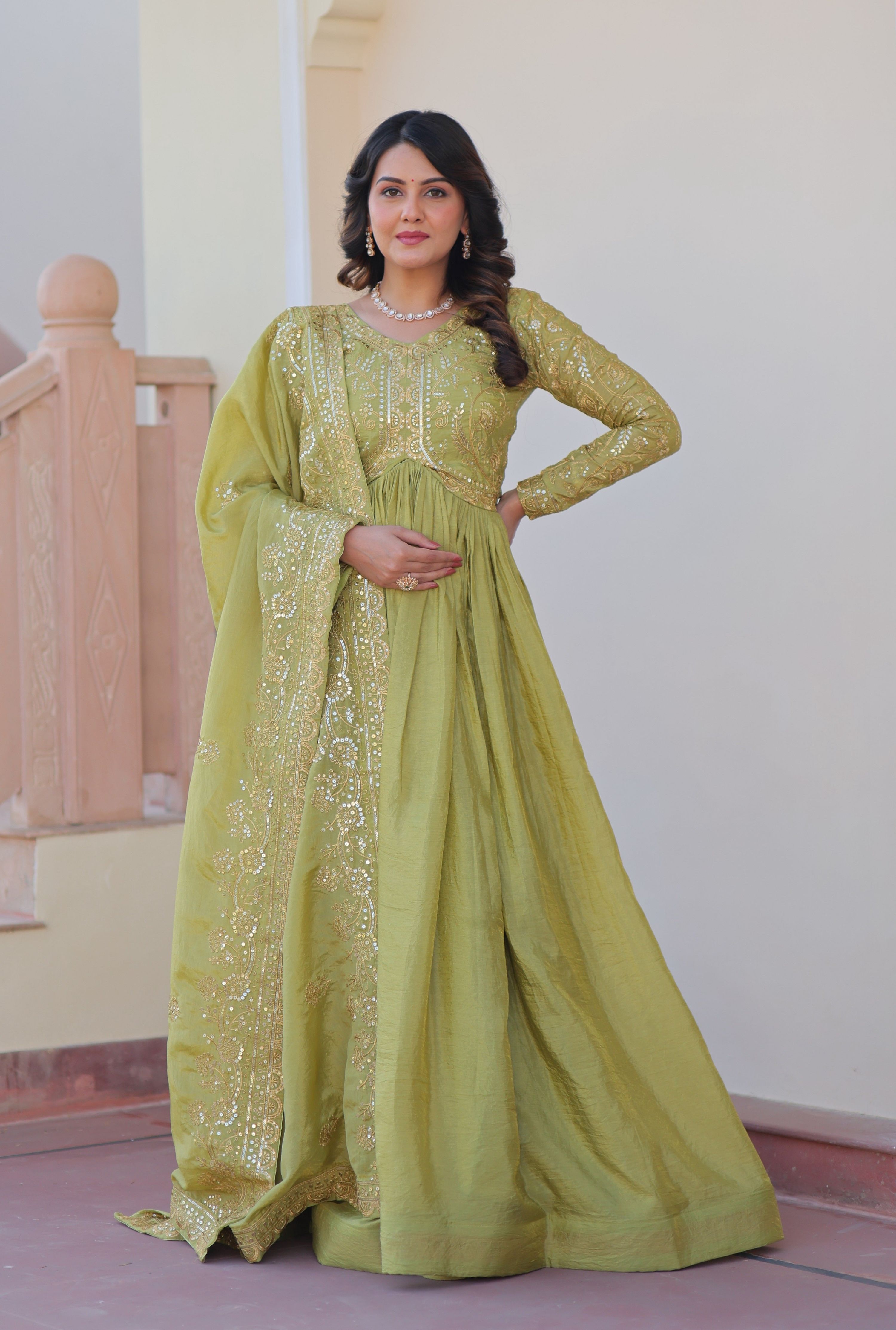 Vedant Vastram Russian Silk Embroidery & Sequence Work Stitched Ethnic Gown-Pista