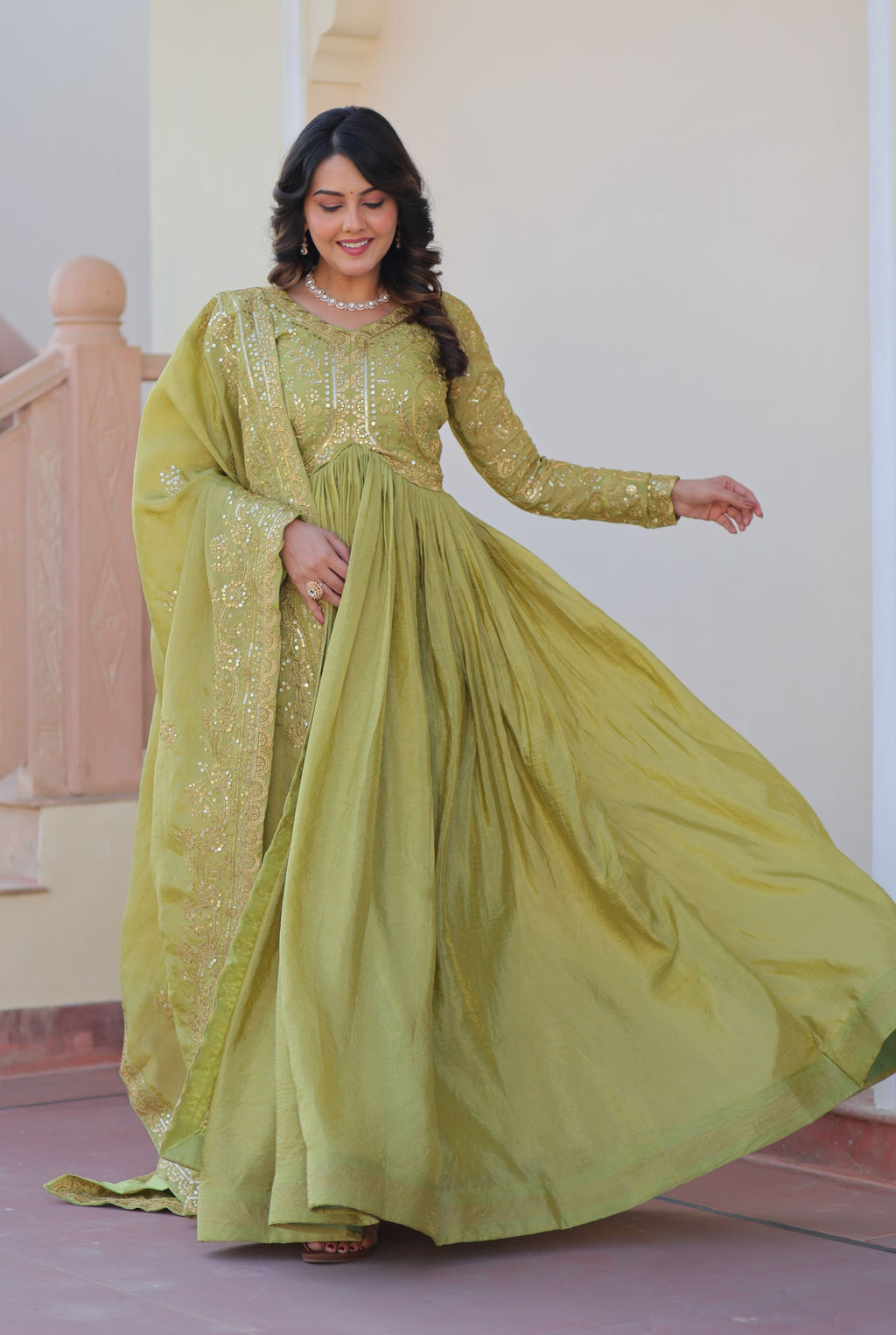 Vedant Vastram Russian Silk Embroidery & Sequence Work Stitched Ethnic Gown-Pista
