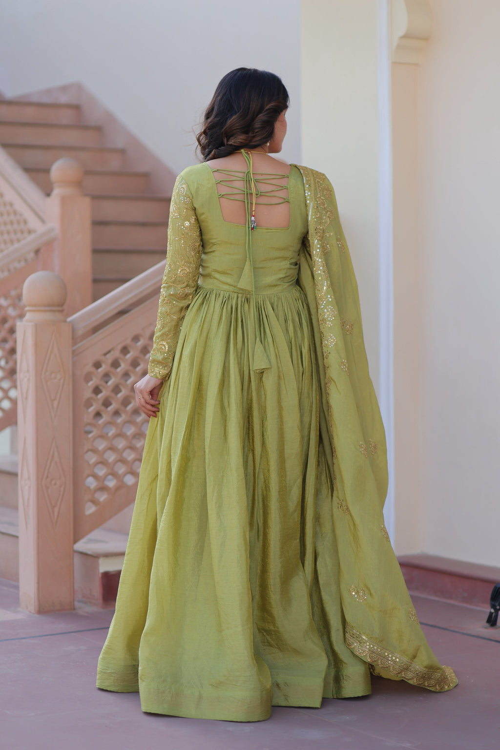 Vedant Vastram Russian Silk Embroidery & Sequence Work Stitched Ethnic Gown-Pista