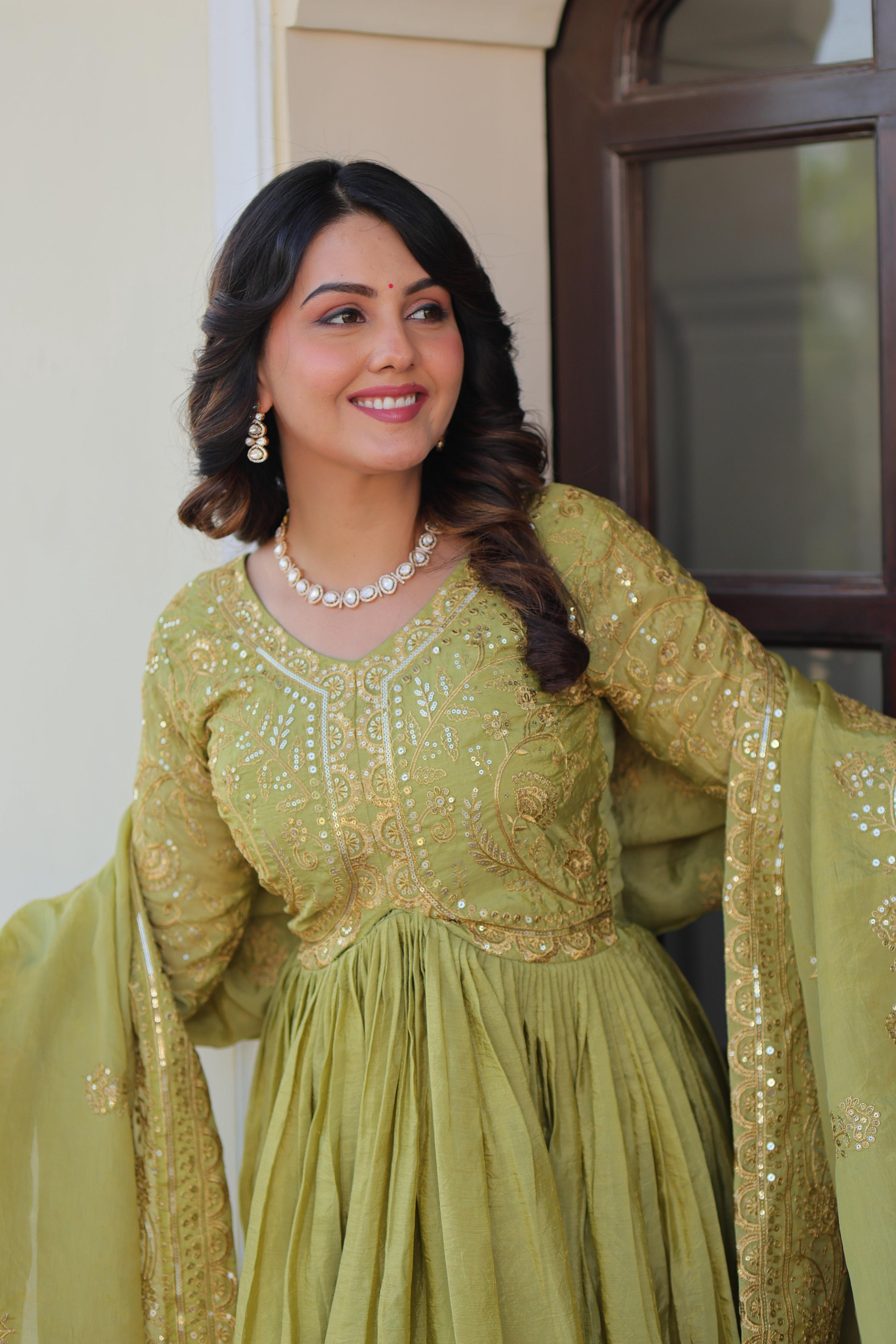 Vedant Vastram Russian Silk Embroidery & Sequence Work Stitched Ethnic Gown-Pista