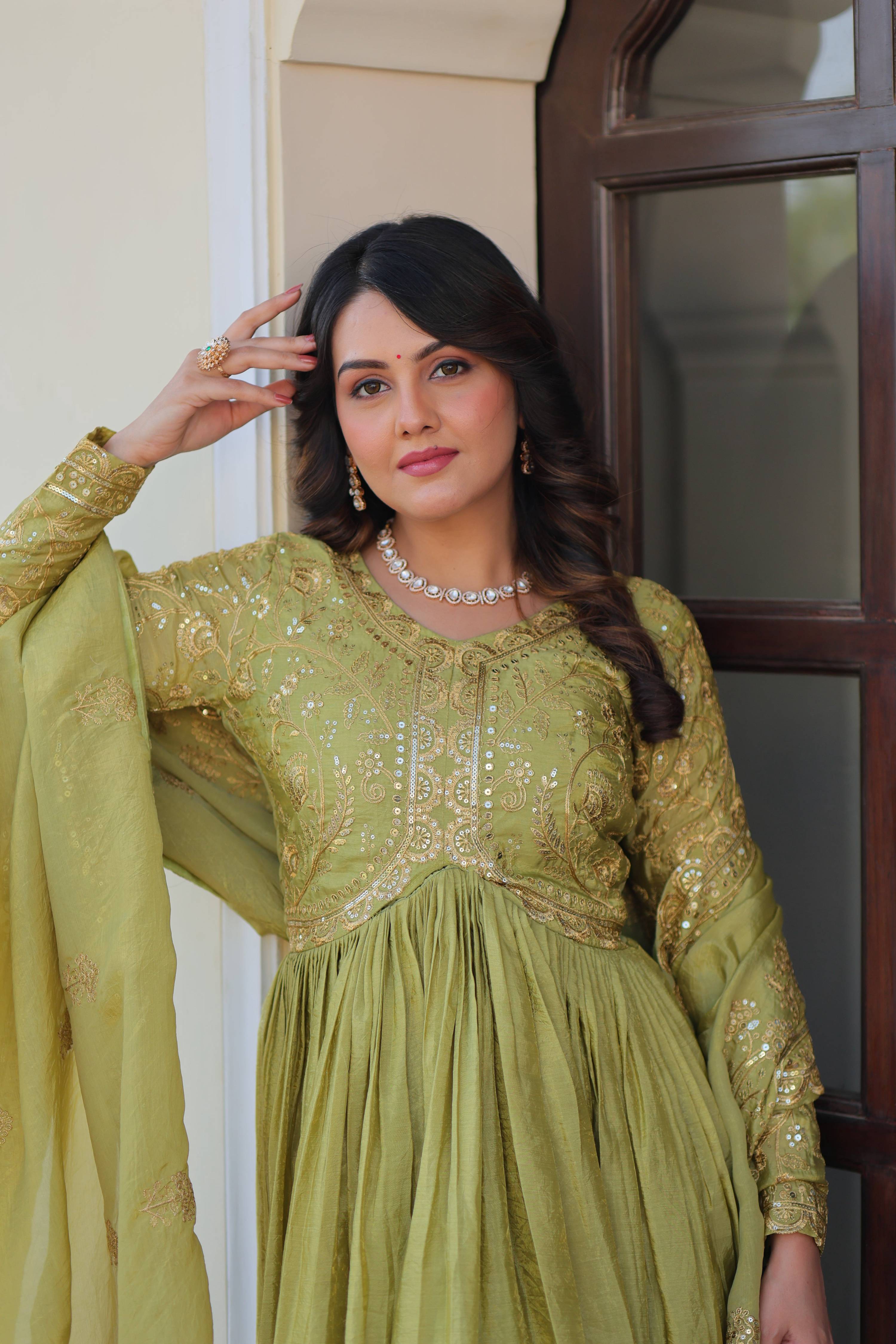 Vedant Vastram Russian Silk Embroidery & Sequence Work Stitched Ethnic Gown-Pista