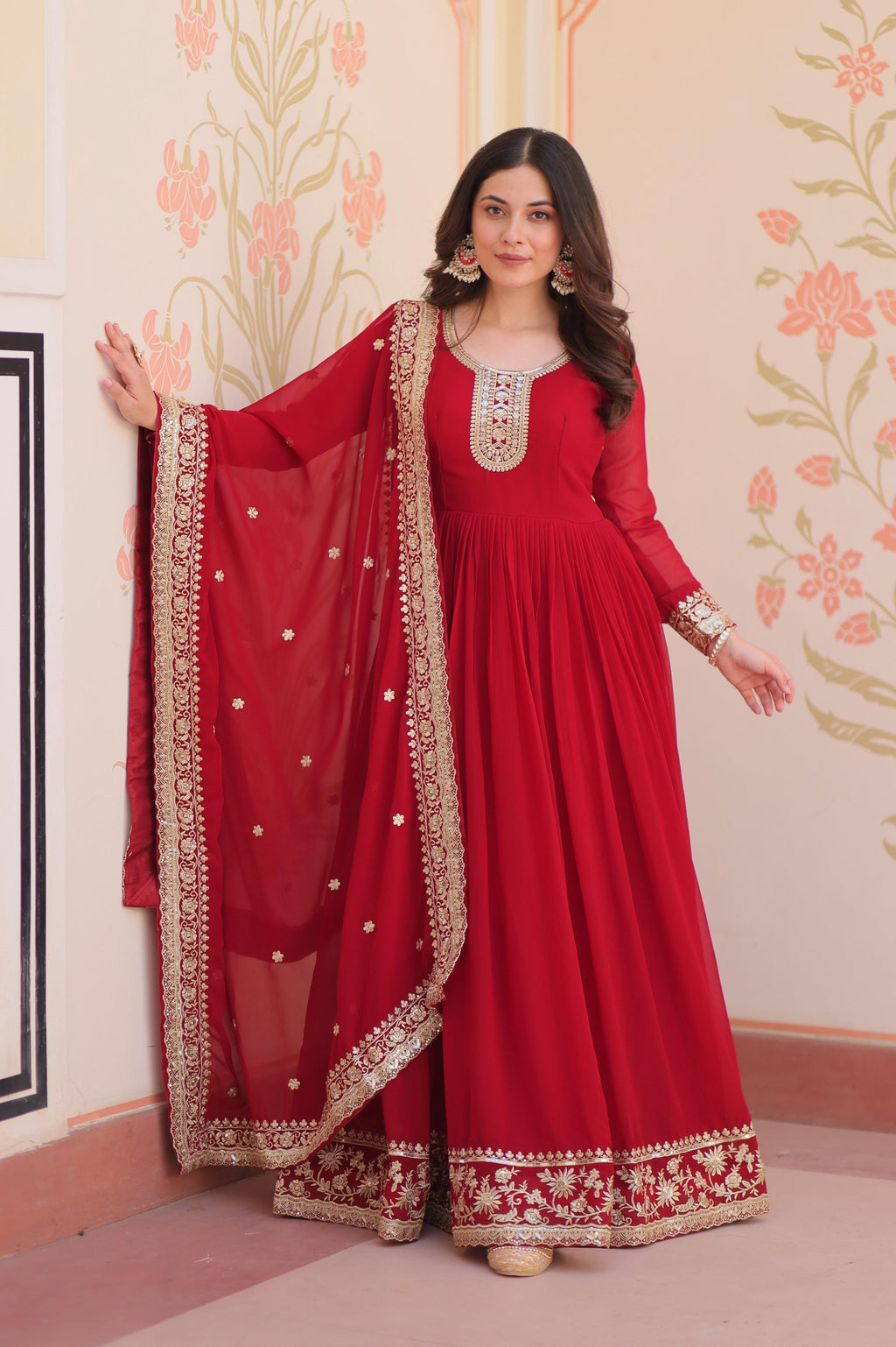Vedant Vastram Georgette Embroidery & Sequence Work Stitched Ethnic Gown-Maroon