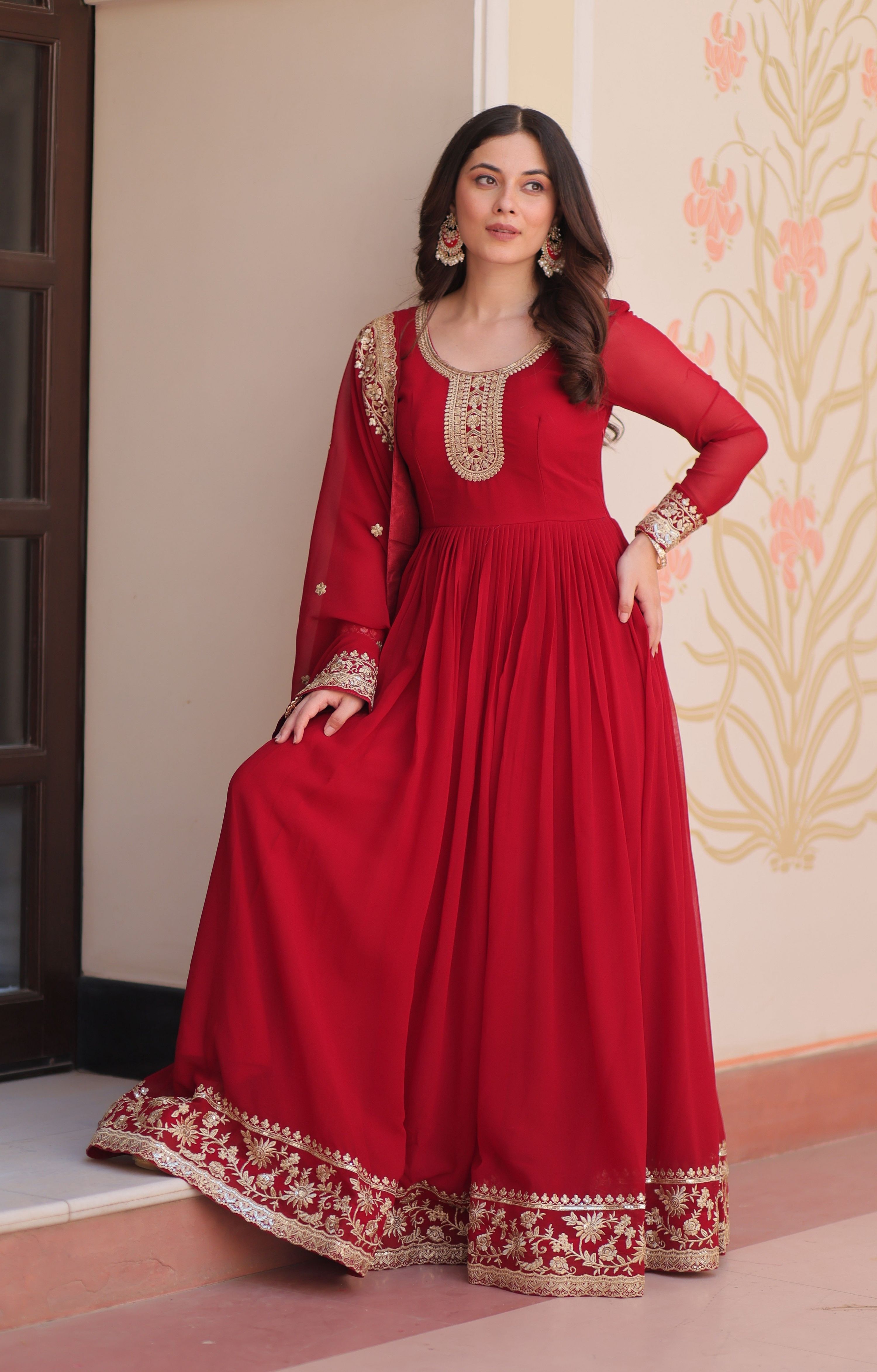 Vedant Vastram Georgette Embroidery & Sequence Work Stitched Ethnic Gown-Maroon