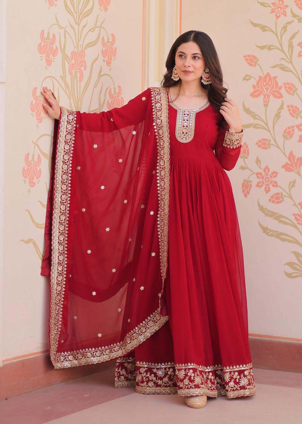 Vedant Vastram Georgette Embroidery & Sequence Work Stitched Ethnic Gown-Maroon