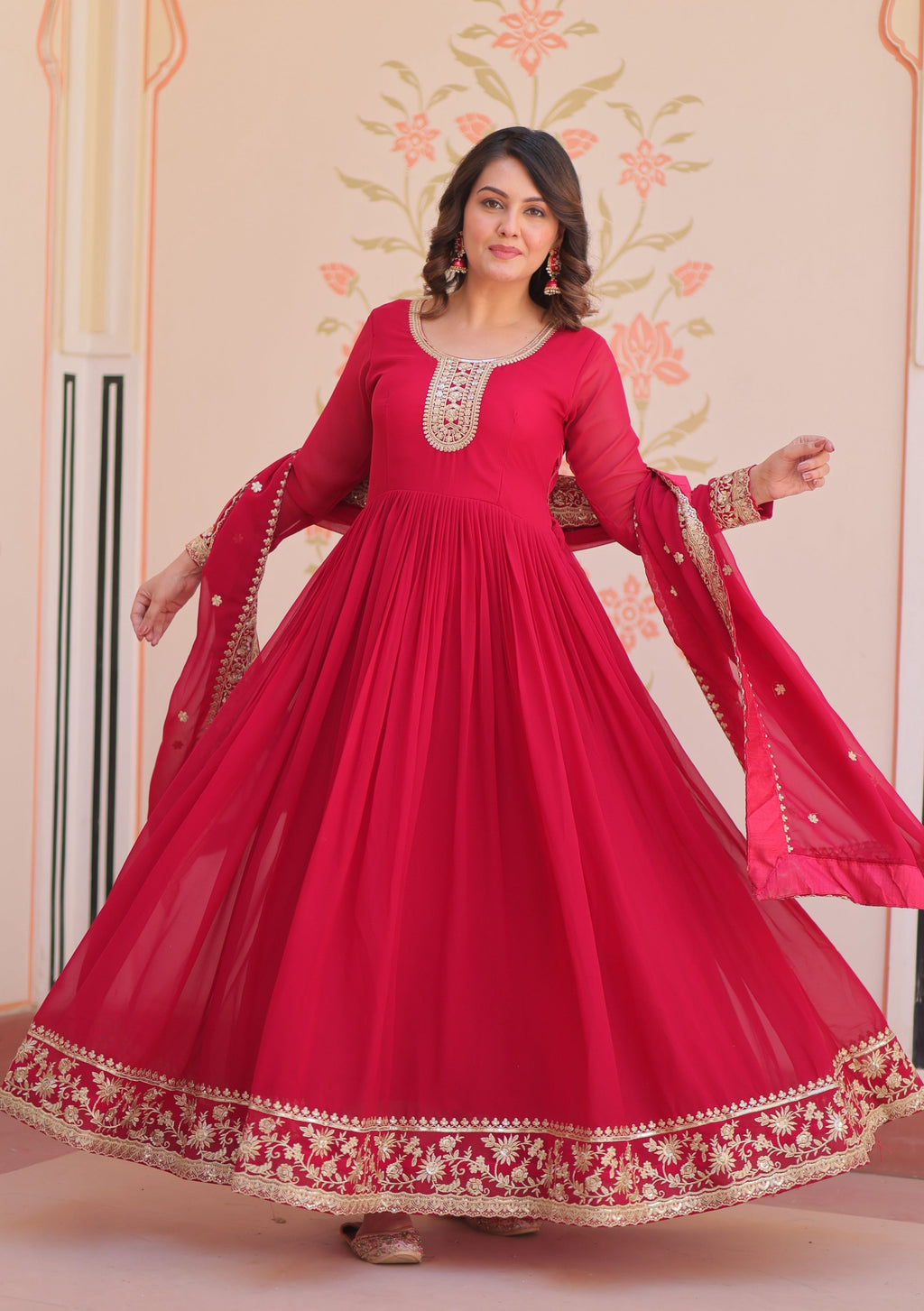 Vedant Vastram Georgette Embroidery & Sequence Work Stitched Ethnic Gown-Pink