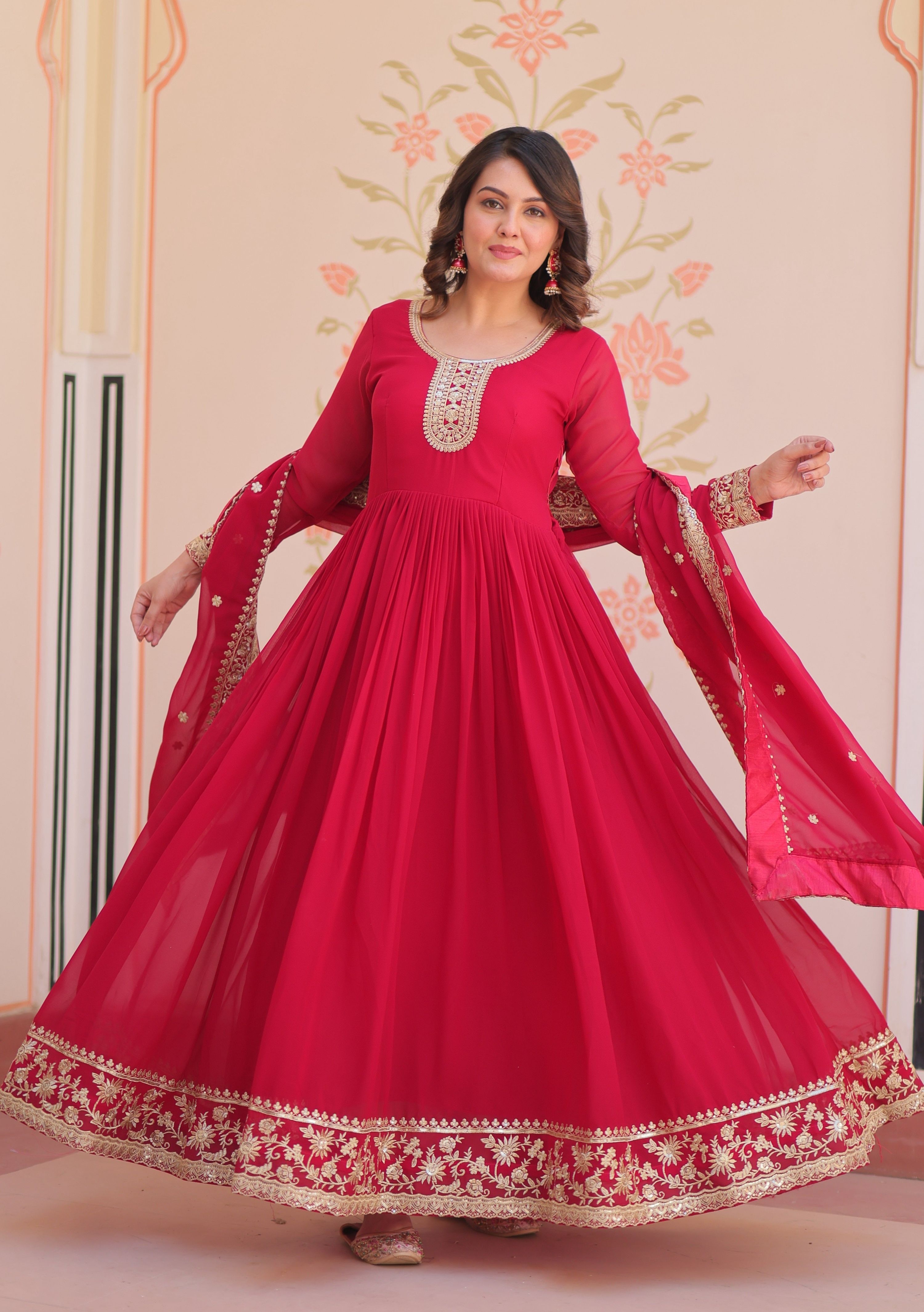 Vedant Vastram Georgette Embroidery & Sequence Work Stitched Ethnic Gown-Pink