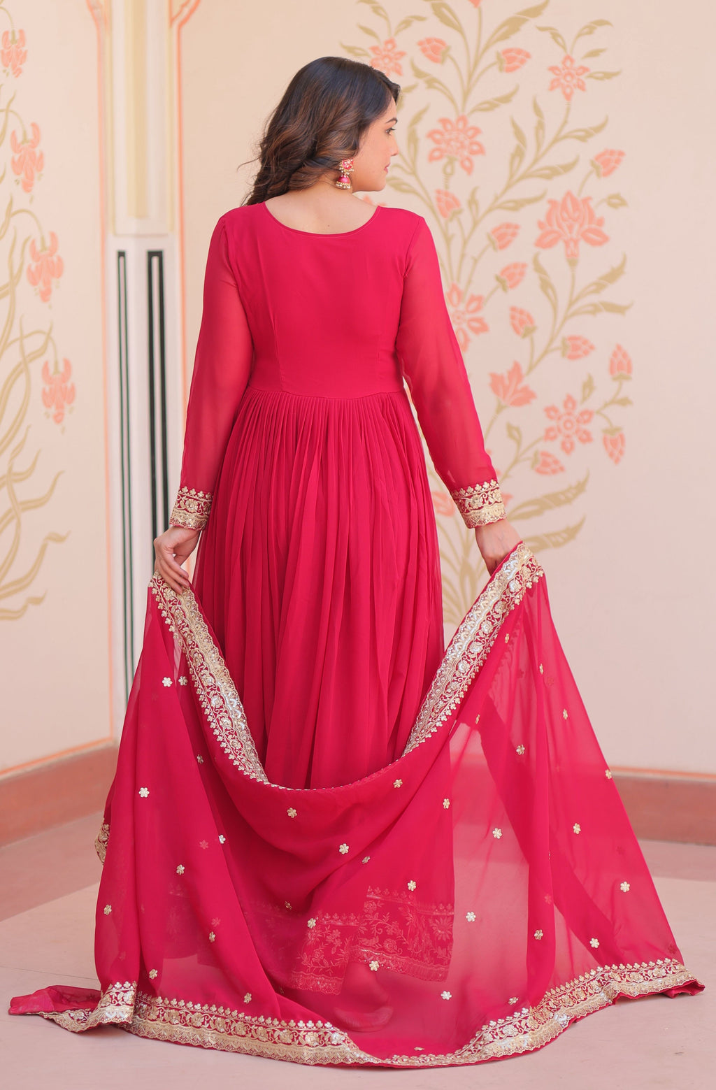 Vedant Vastram Georgette Embroidery & Sequence Work Stitched Ethnic Gown-Pink