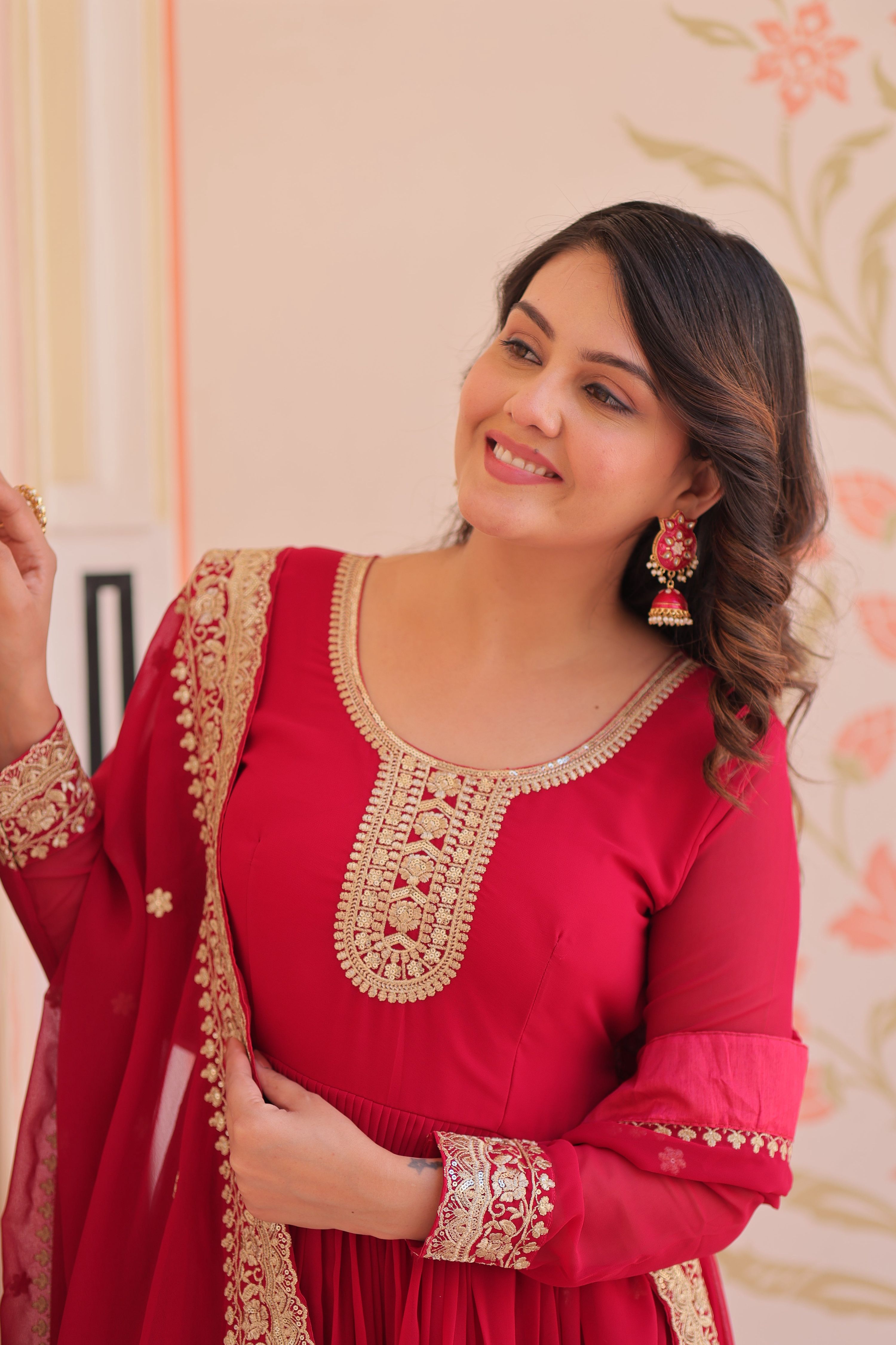 Vedant Vastram Georgette Embroidery & Sequence Work Stitched Ethnic Gown-Pink