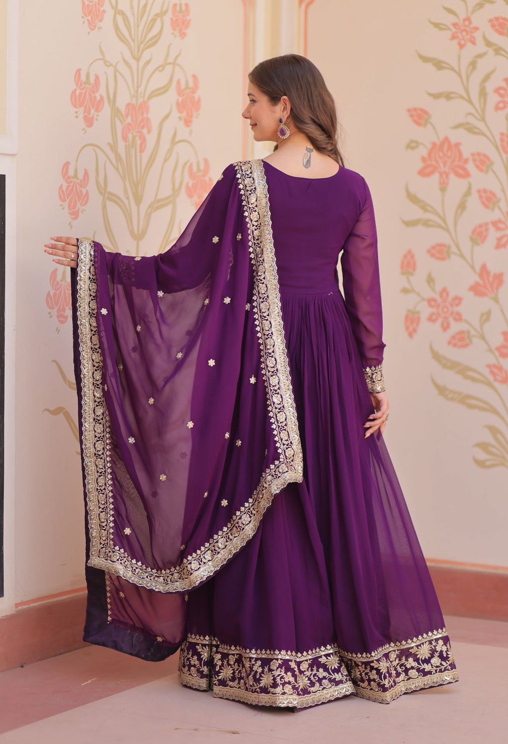 Vedant Vastram Georgette Embroidery & Sequence Work Stitched Ethnic Gown-Purple
