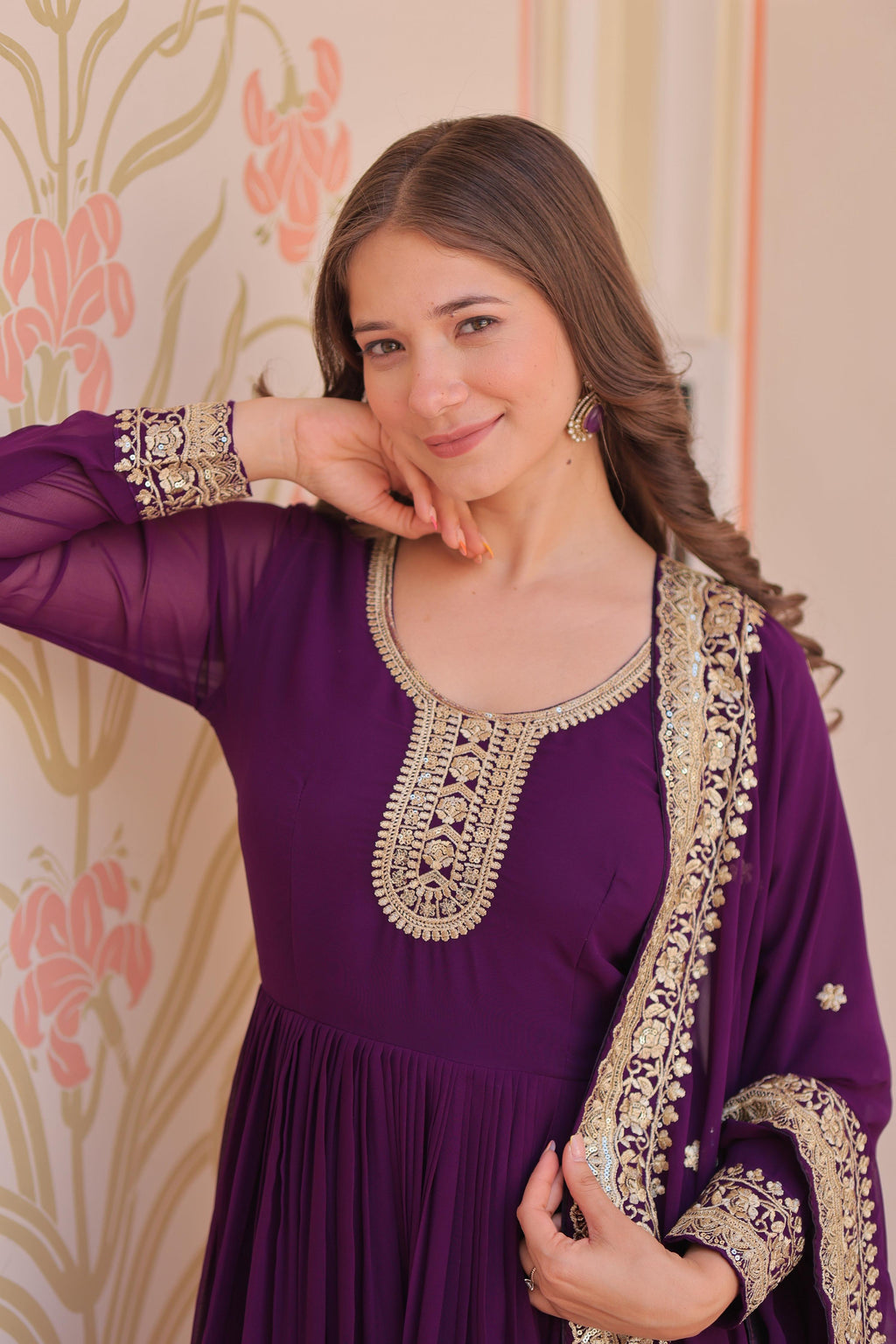 Vedant Vastram Georgette Embroidery & Sequence Work Stitched Ethnic Gown-Purple
