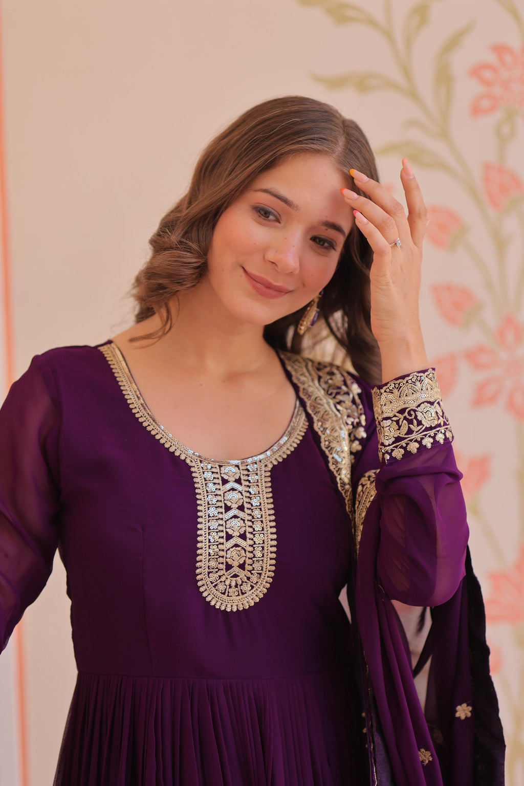 Vedant Vastram Georgette Embroidery & Sequence Work Stitched Ethnic Gown-Purple