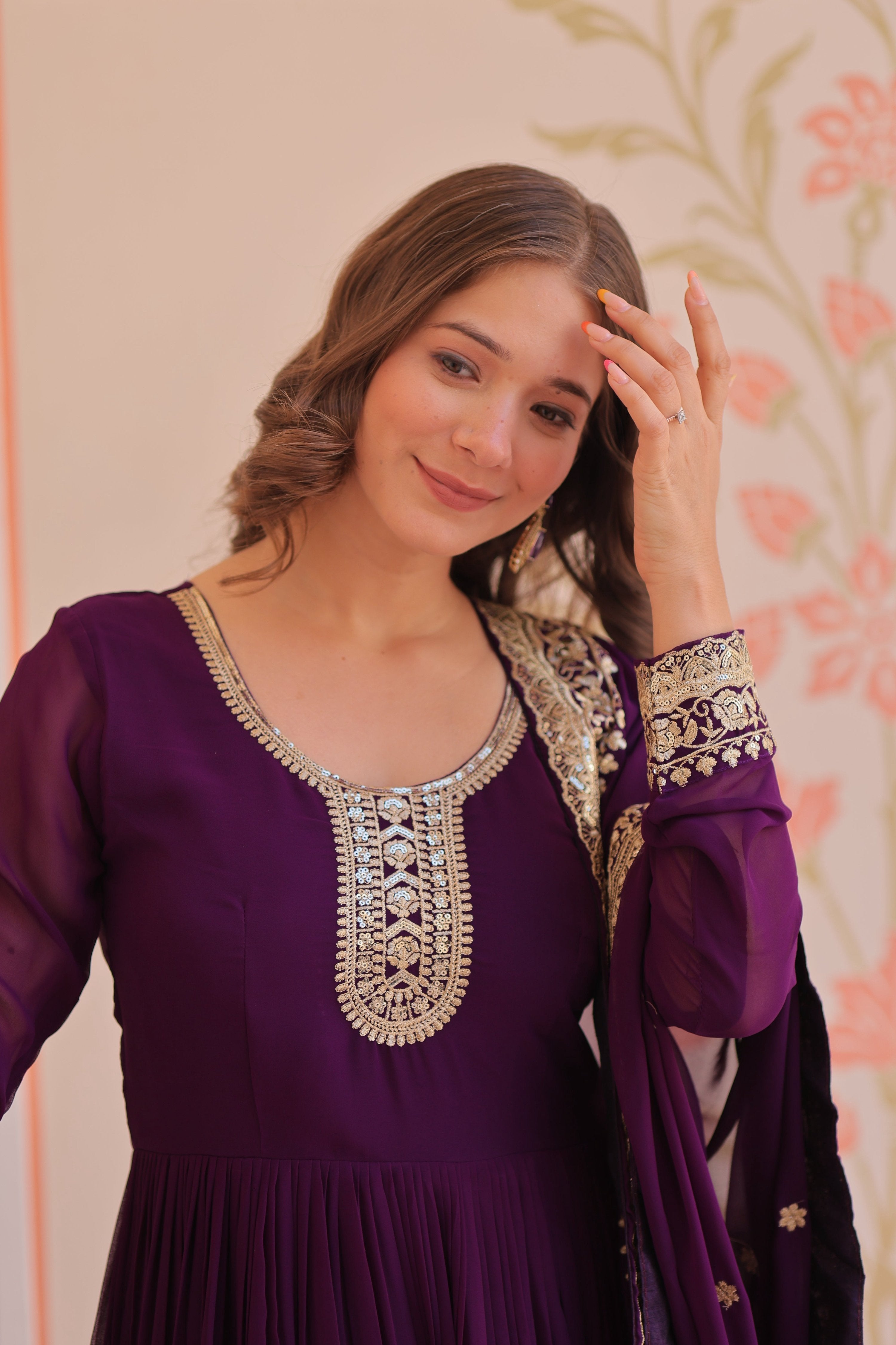 Vedant Vastram Georgette Embroidery & Sequence Work Stitched Ethnic Gown-Purple
