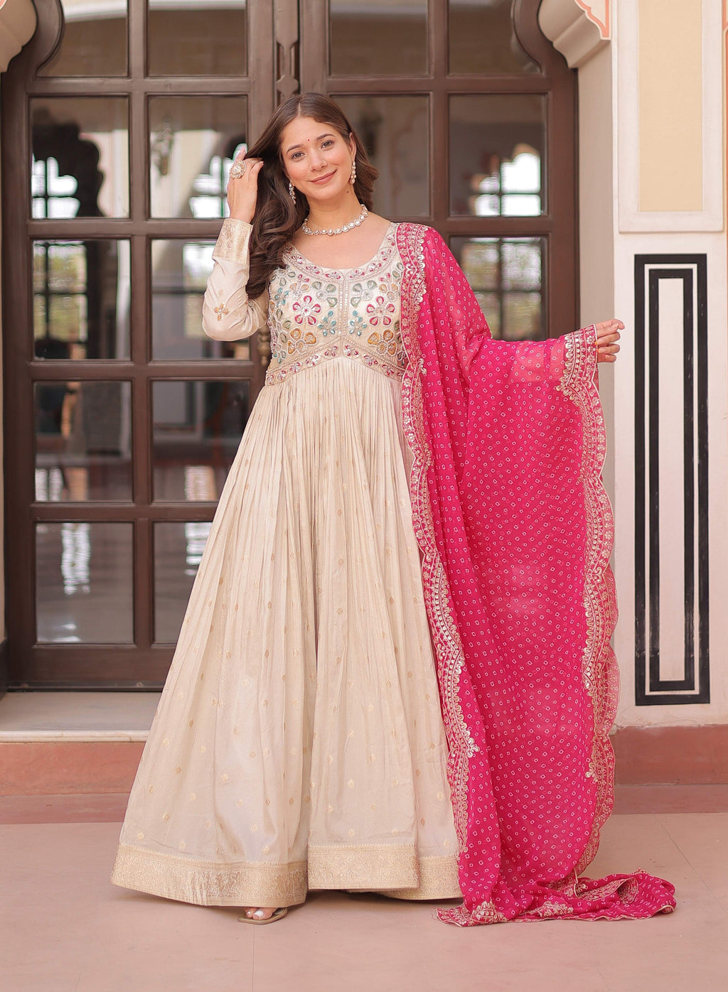 Vedant Vastram Russian Silk Embroidery & Sequence Work Stitched Ethnic Gown-Pink