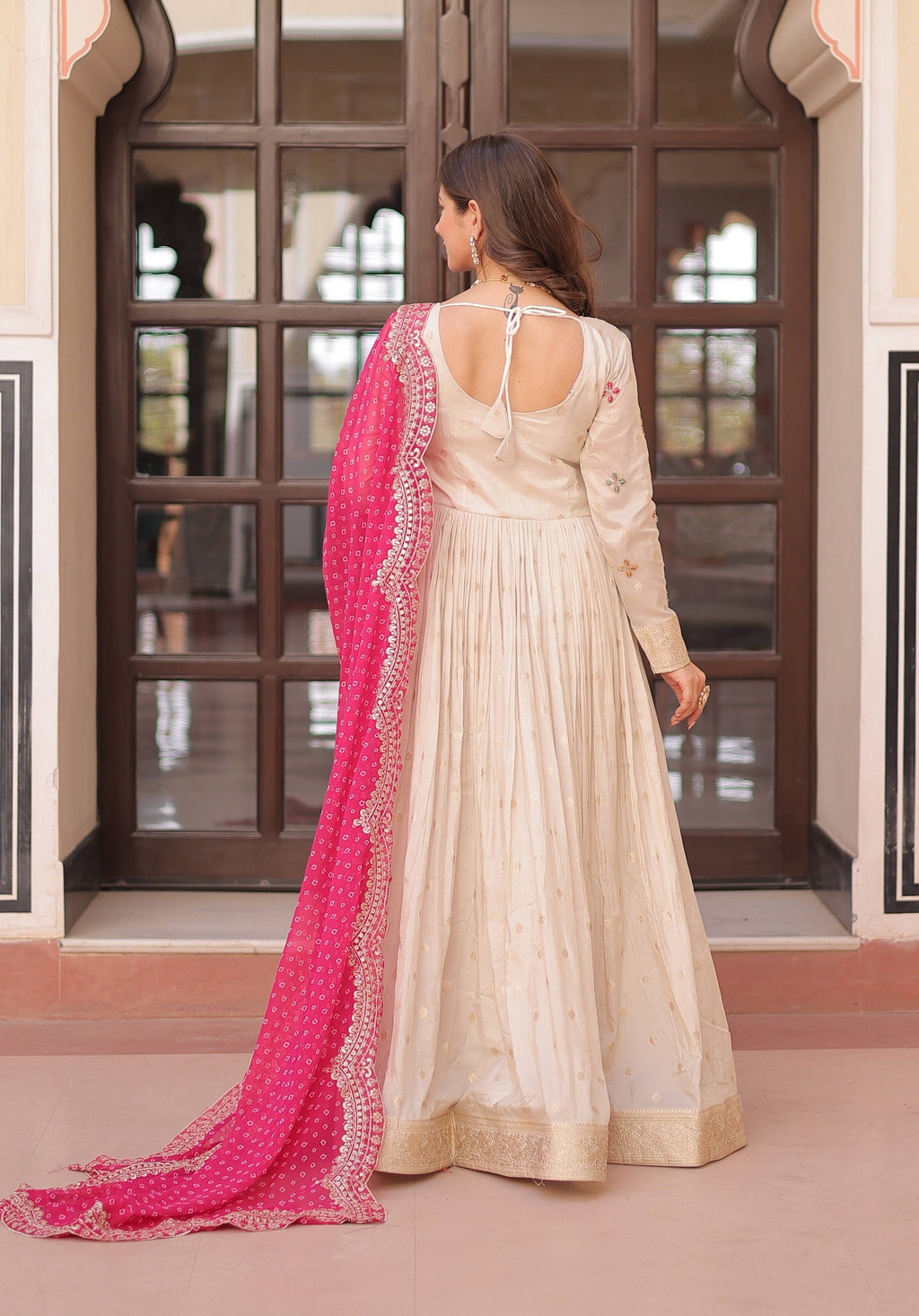 Vedant Vastram Russian Silk Embroidery & Sequence Work Stitched Ethnic Gown-Pink