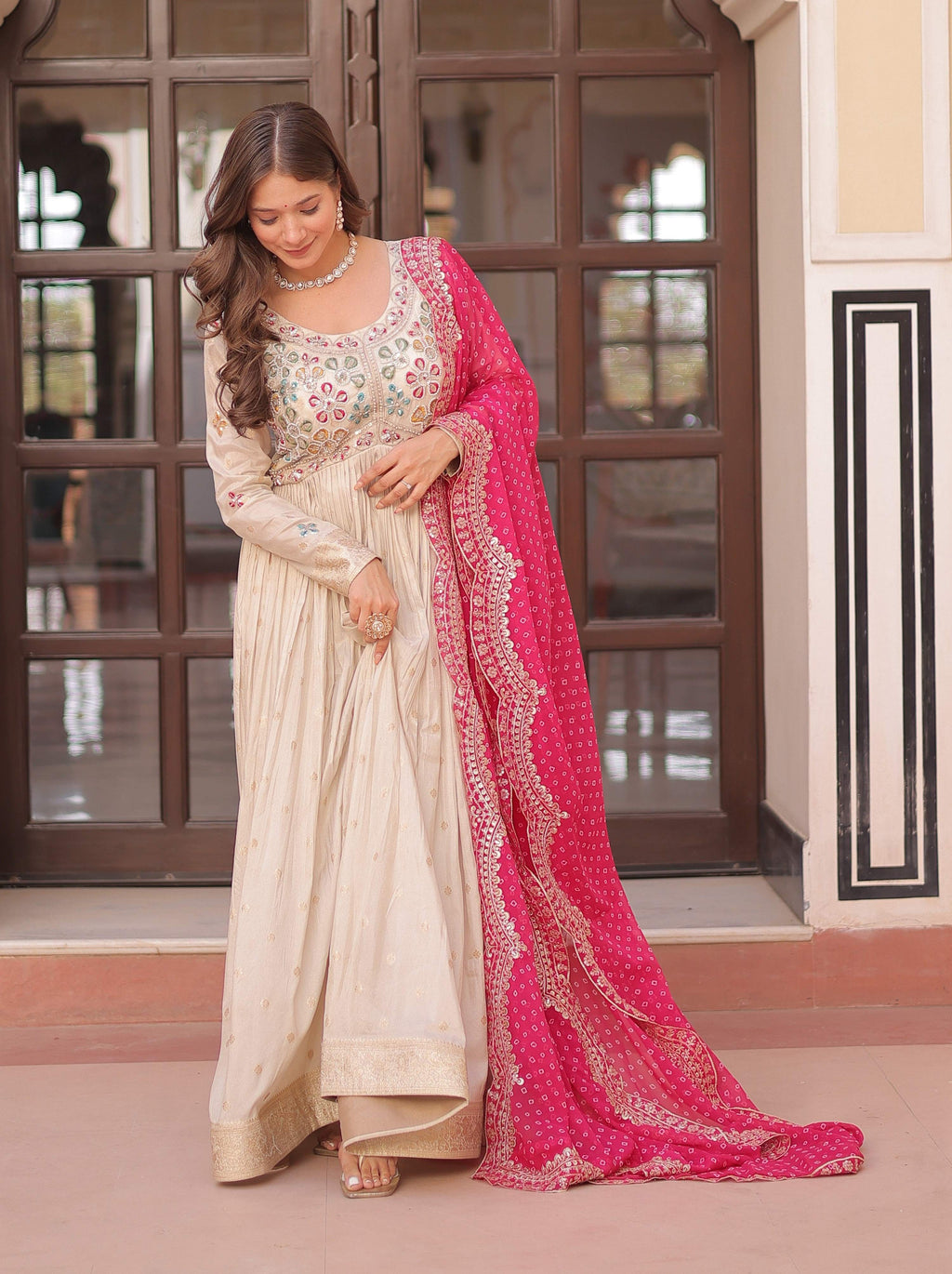 Vedant Vastram Russian Silk Embroidery & Sequence Work Stitched Ethnic Gown-Pink