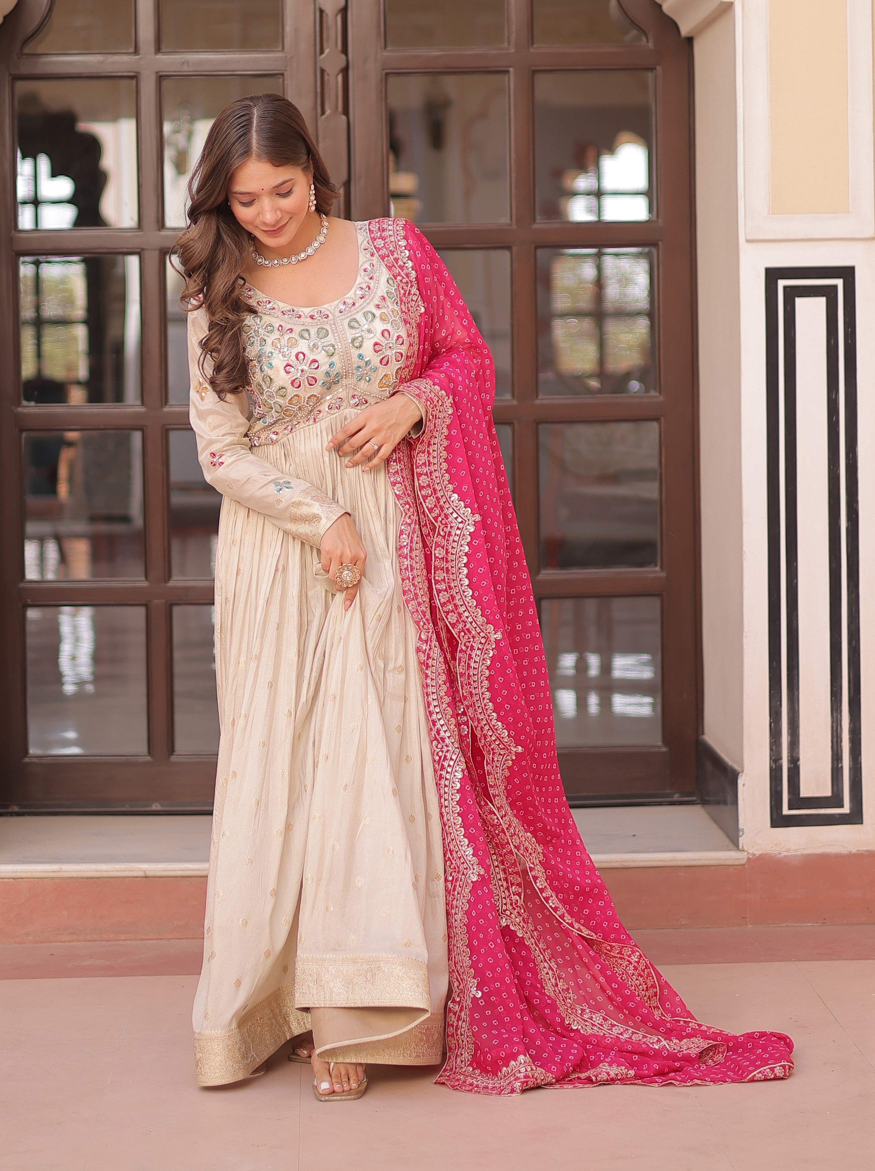 Vedant Vastram Russian Silk Embroidery & Sequence Work Stitched Ethnic Gown-Pink