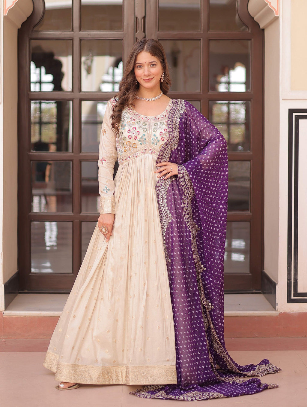 Vedant Vastram Russian Silk Embroidery & Sequence Work Stitched Ethnic Gown-Purple