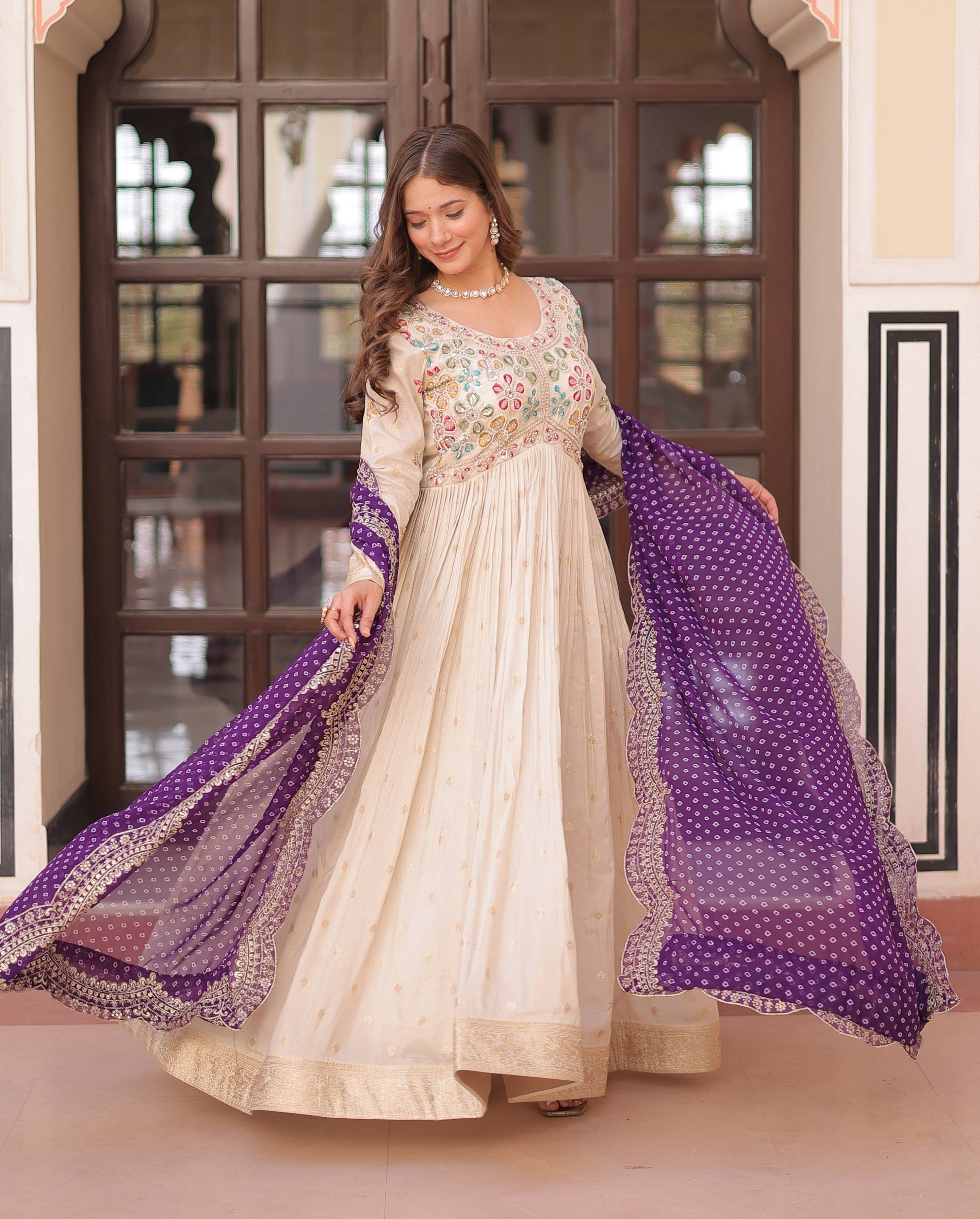 Vedant Vastram Russian Silk Embroidery & Sequence Work Stitched Ethnic Gown-Purple