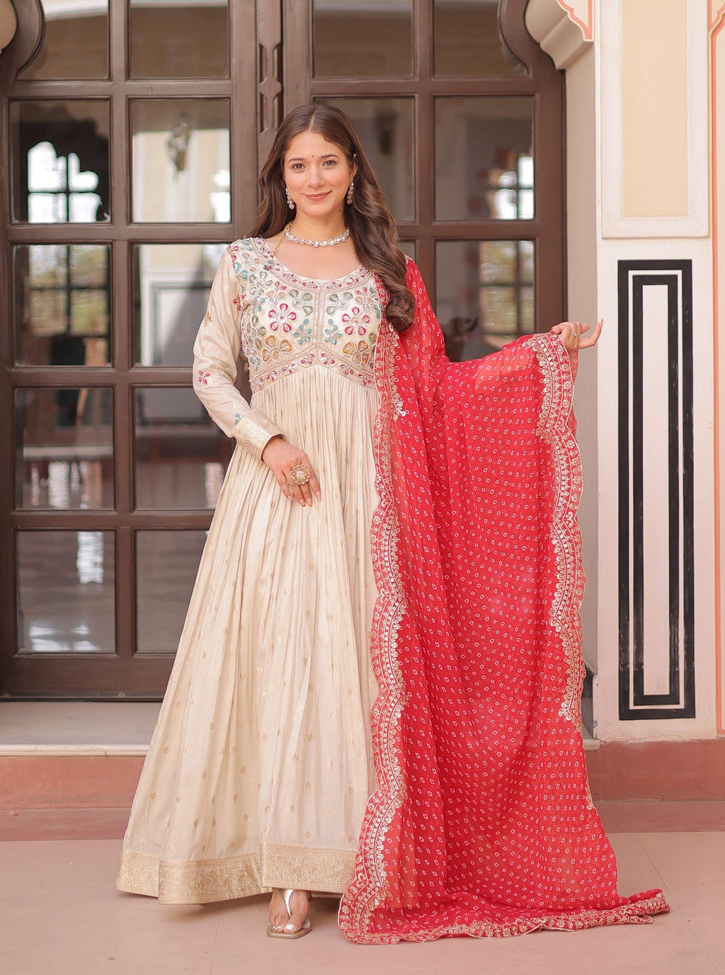 Vedant Vastram Russian Silk Embroidery & Sequence Work Stitched Ethnic Gown-Red