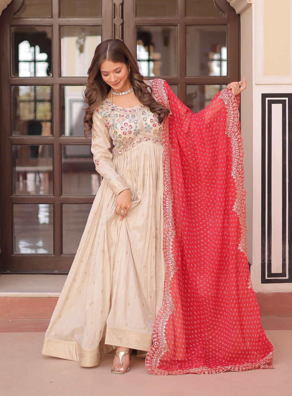 Vedant Vastram Russian Silk Embroidery & Sequence Work Stitched Ethnic Gown-Red