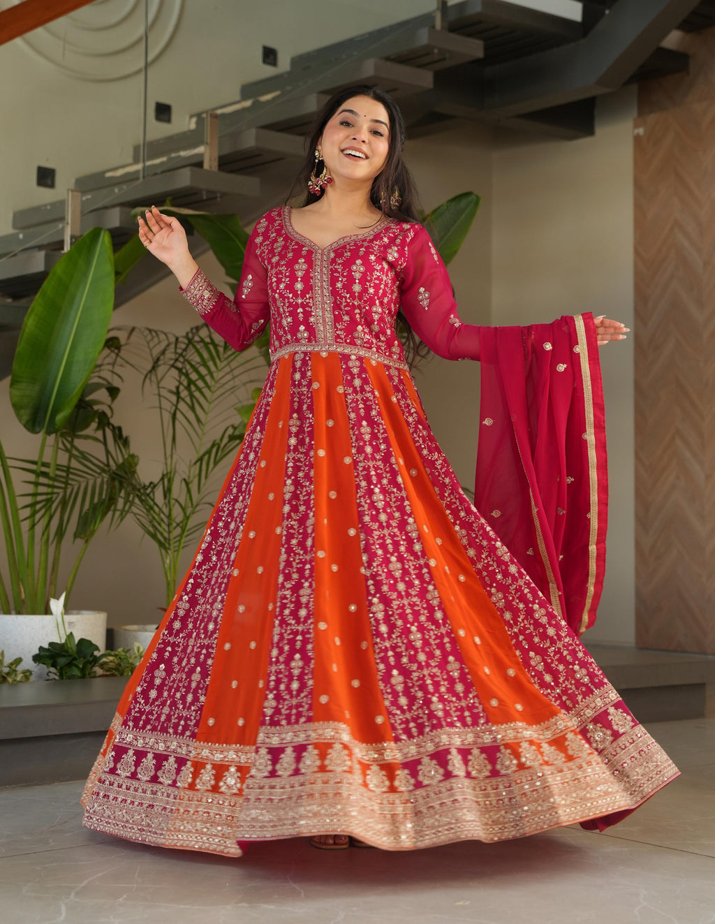 Vedant Vastram Georgette Embroidery & Sequence Work Stitched Ethnic Gown-Pink