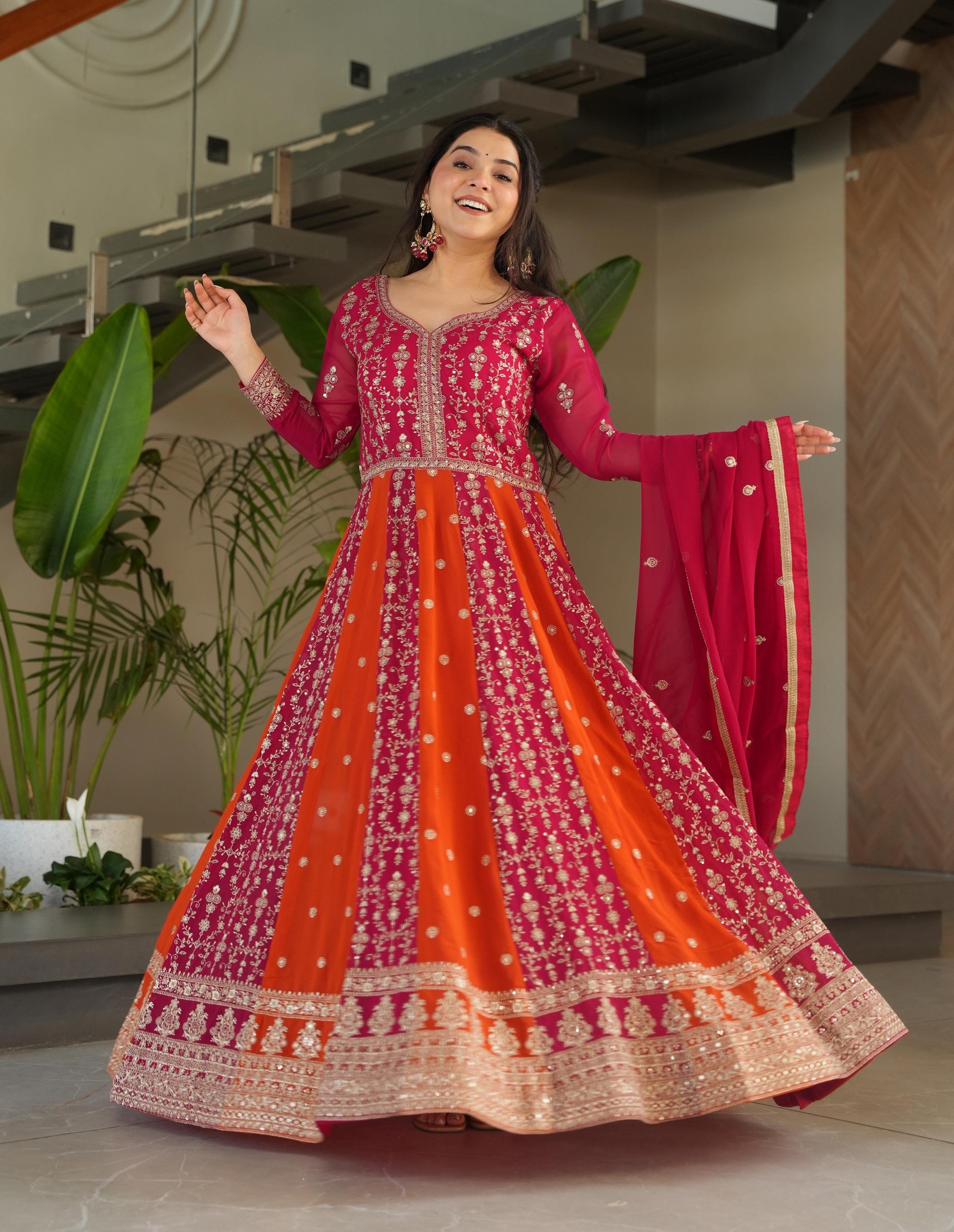 Vedant Vastram Georgette Embroidery & Sequence Work Stitched Ethnic Gown-Pink