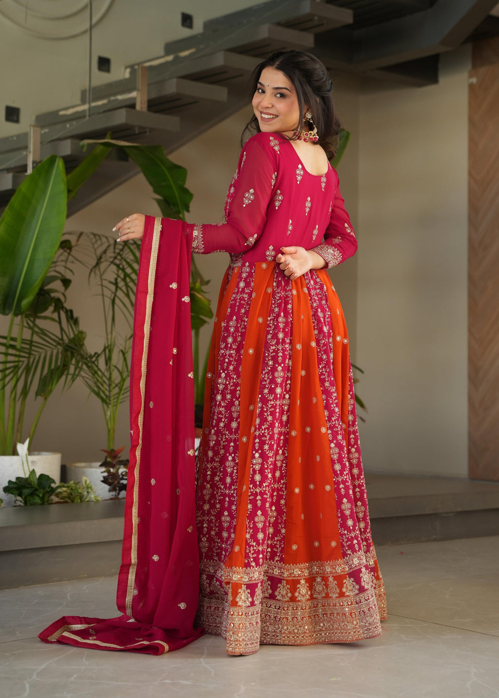 Vedant Vastram Georgette Embroidery & Sequence Work Stitched Ethnic Gown-Pink