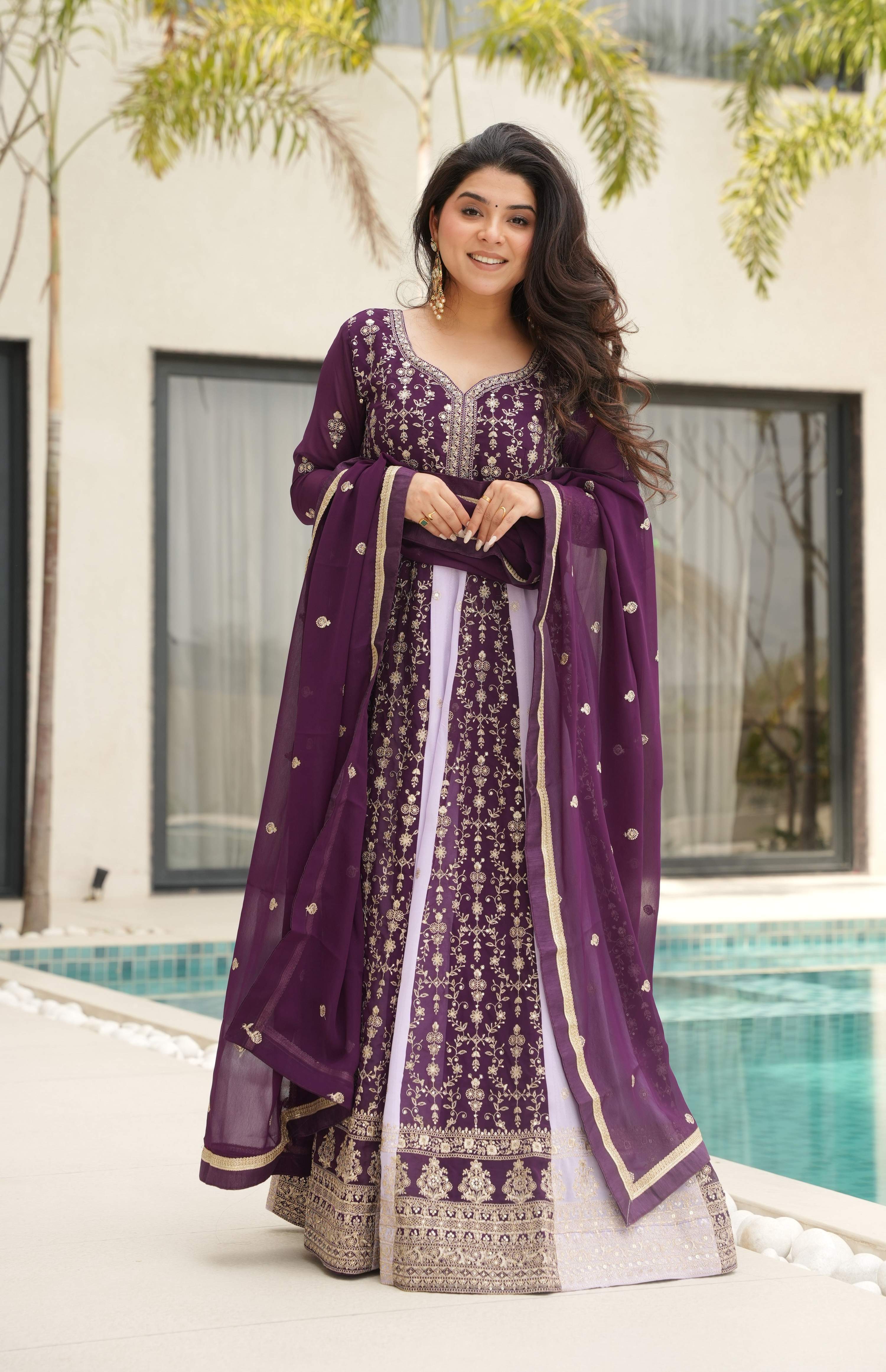 Vedant Vastram Georgette Embroidery & Sequence Work Stitched Ethnic Gown-Wine