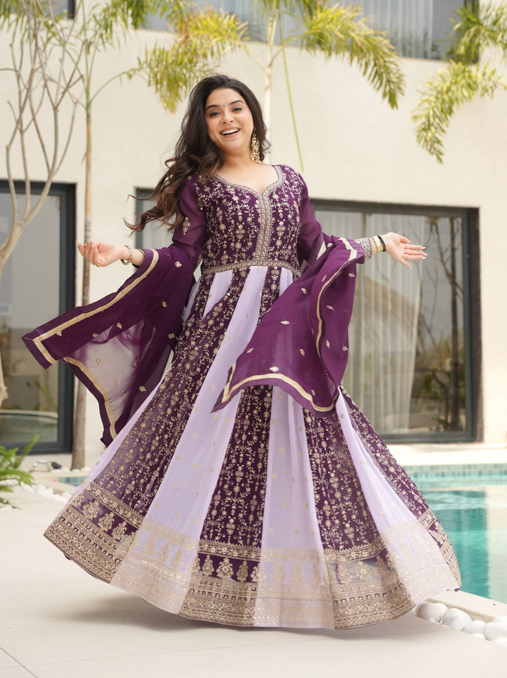Vedant Vastram Georgette Embroidery & Sequence Work Stitched Ethnic Gown-Wine