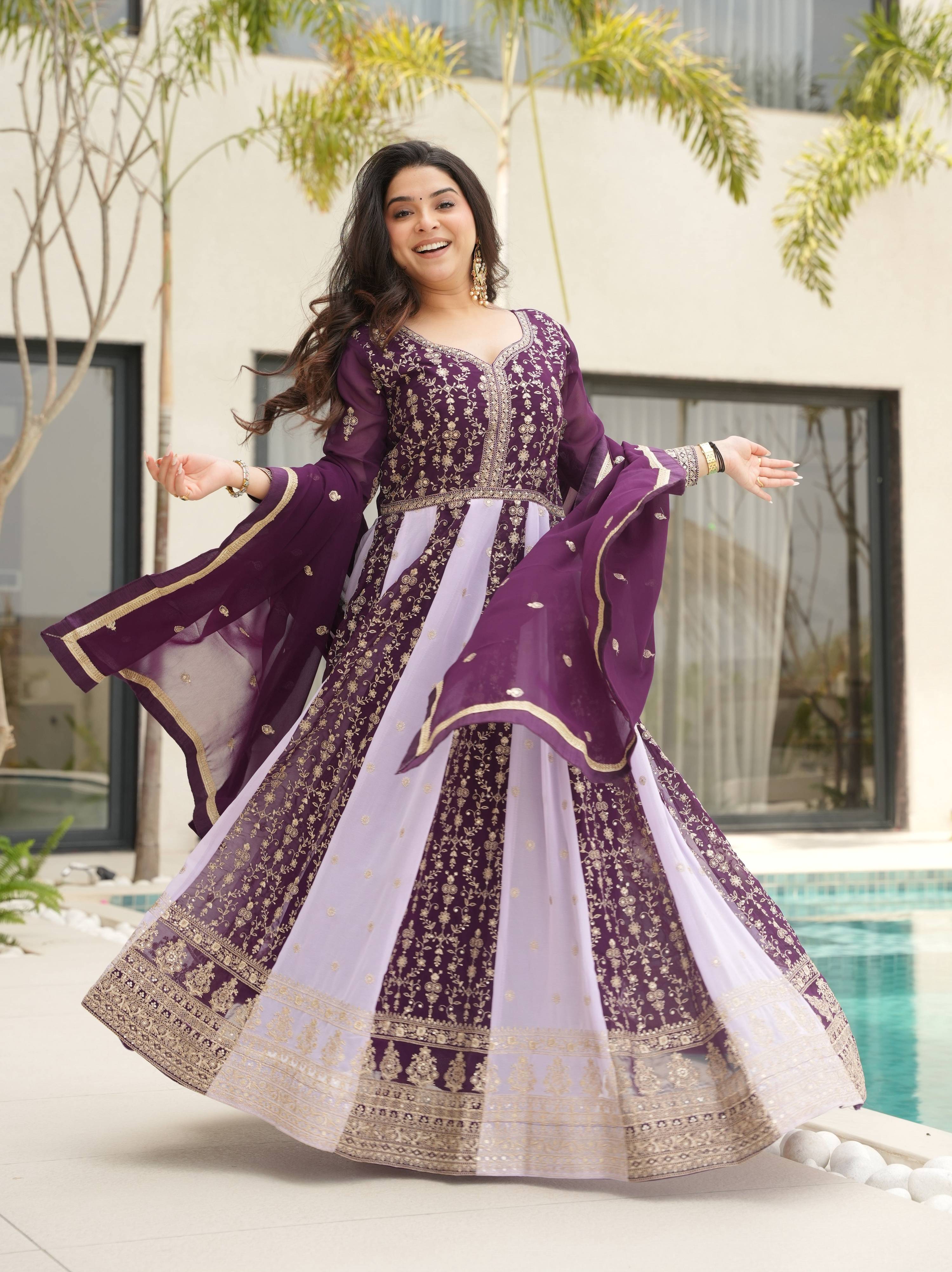 Vedant Vastram Georgette Embroidery & Sequence Work Stitched Ethnic Gown-Wine
