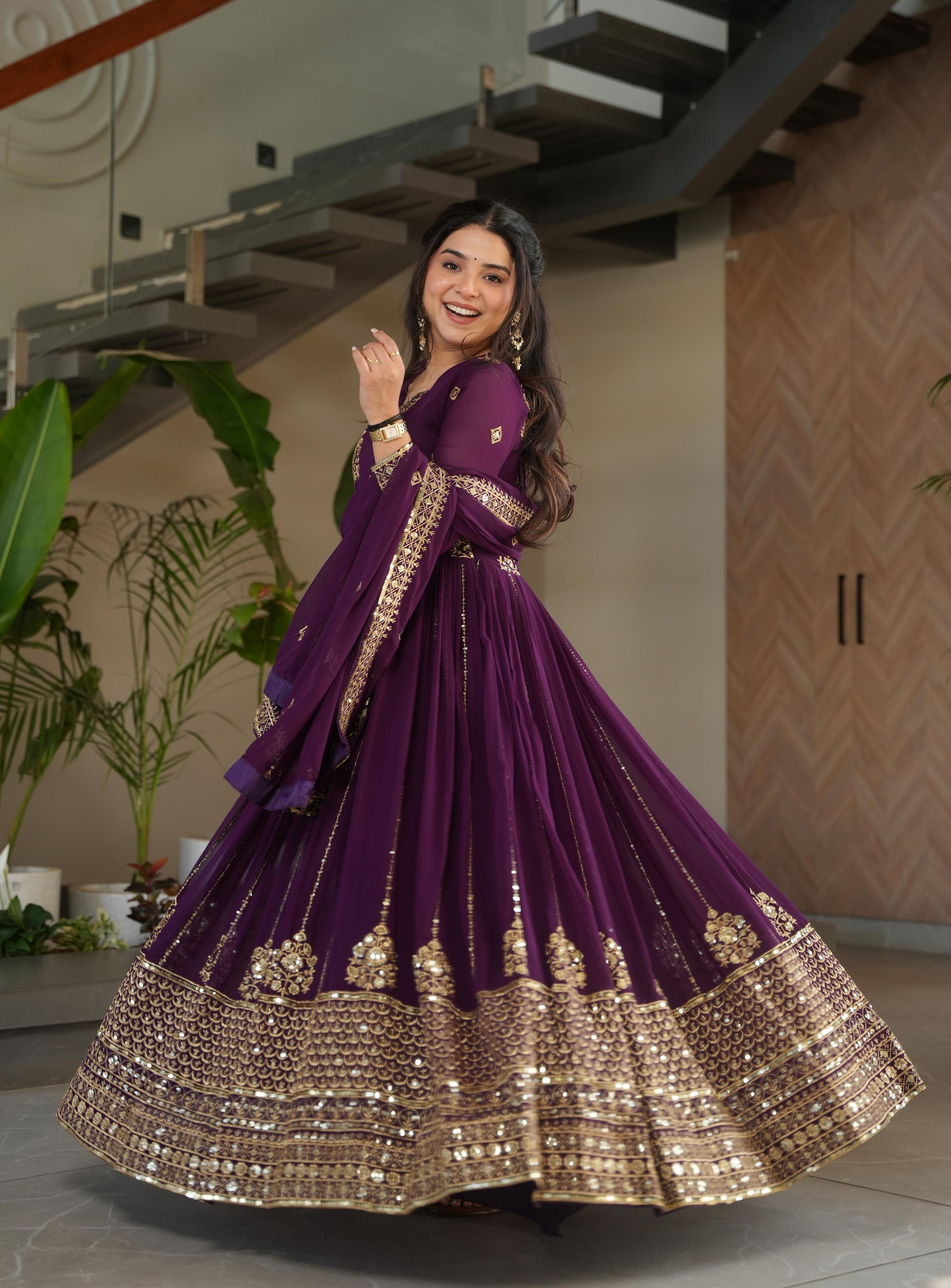 Vedant Vastram Georgette Embroidery & Sequence Work Stitched Ethnic Gown-Wine