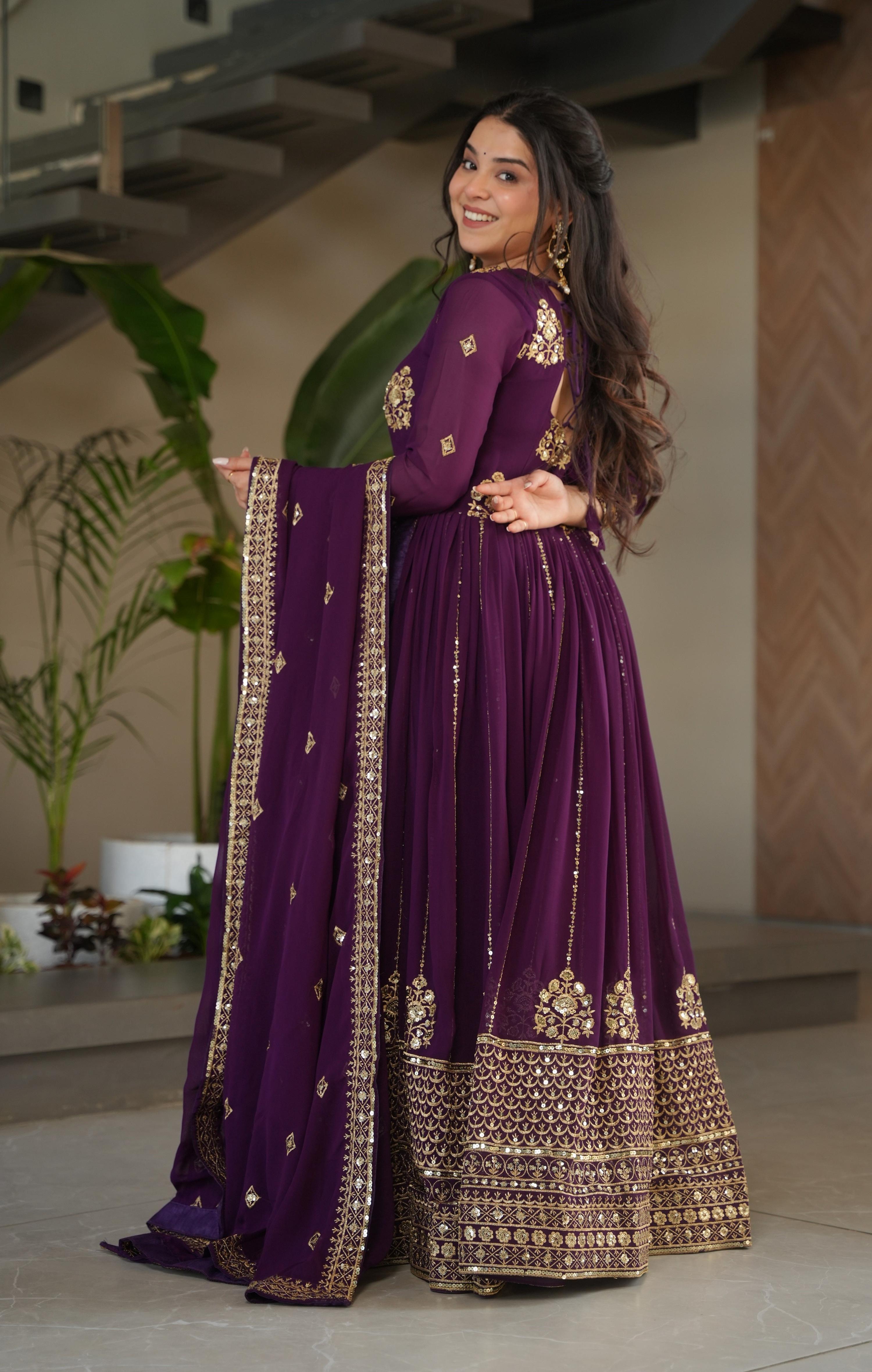 Vedant Vastram Georgette Embroidery & Sequence Work Stitched Ethnic Gown-Wine