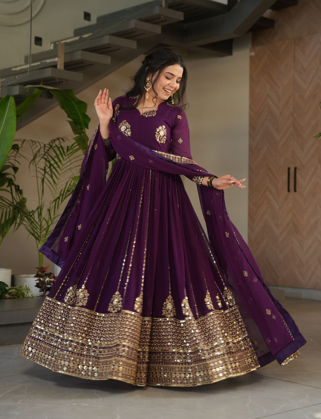 Vedant Vastram Georgette Embroidery & Sequence Work Stitched Ethnic Gown-Wine