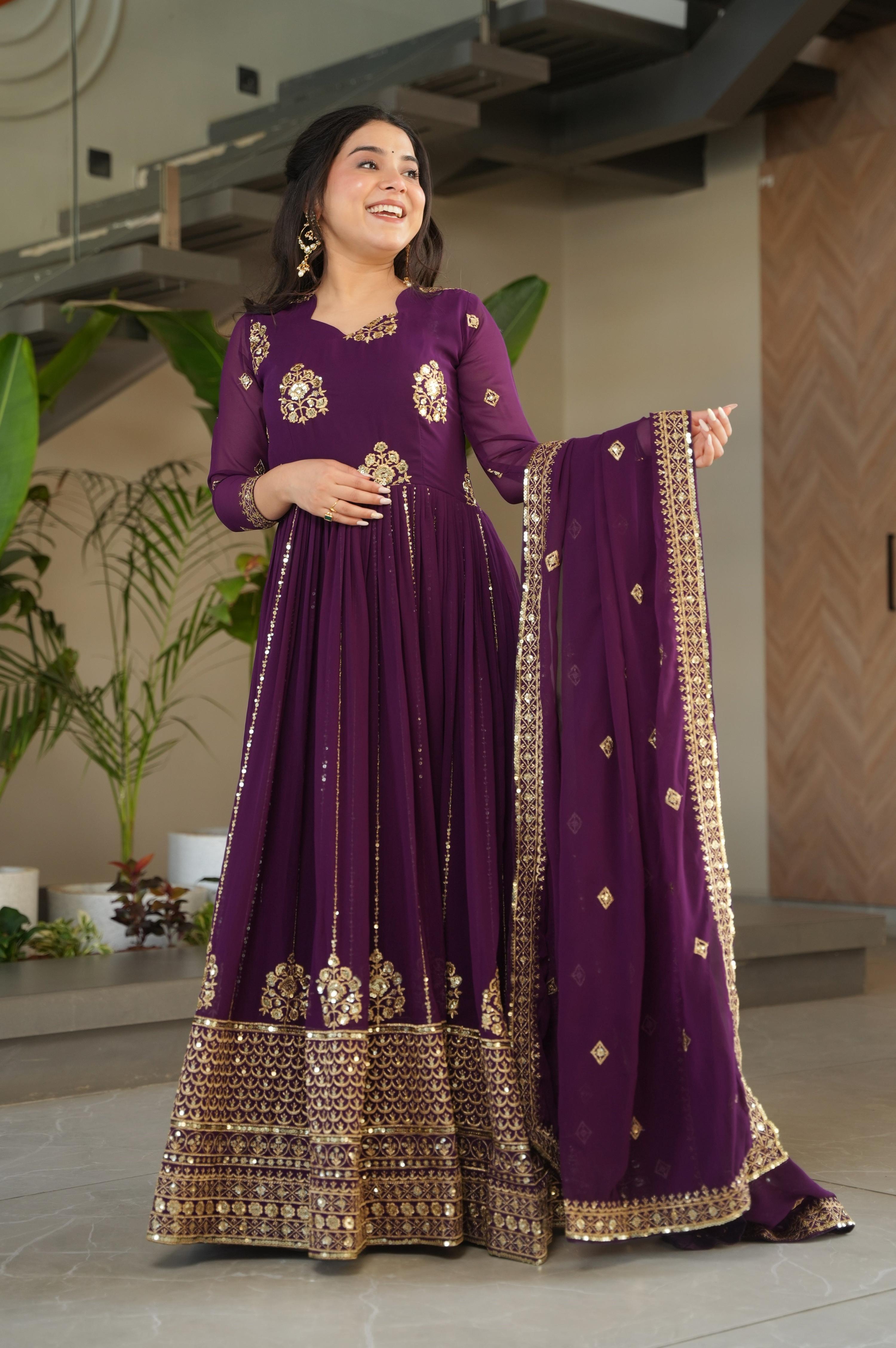Vedant Vastram Georgette Embroidery & Sequence Work Stitched Ethnic Gown-Wine