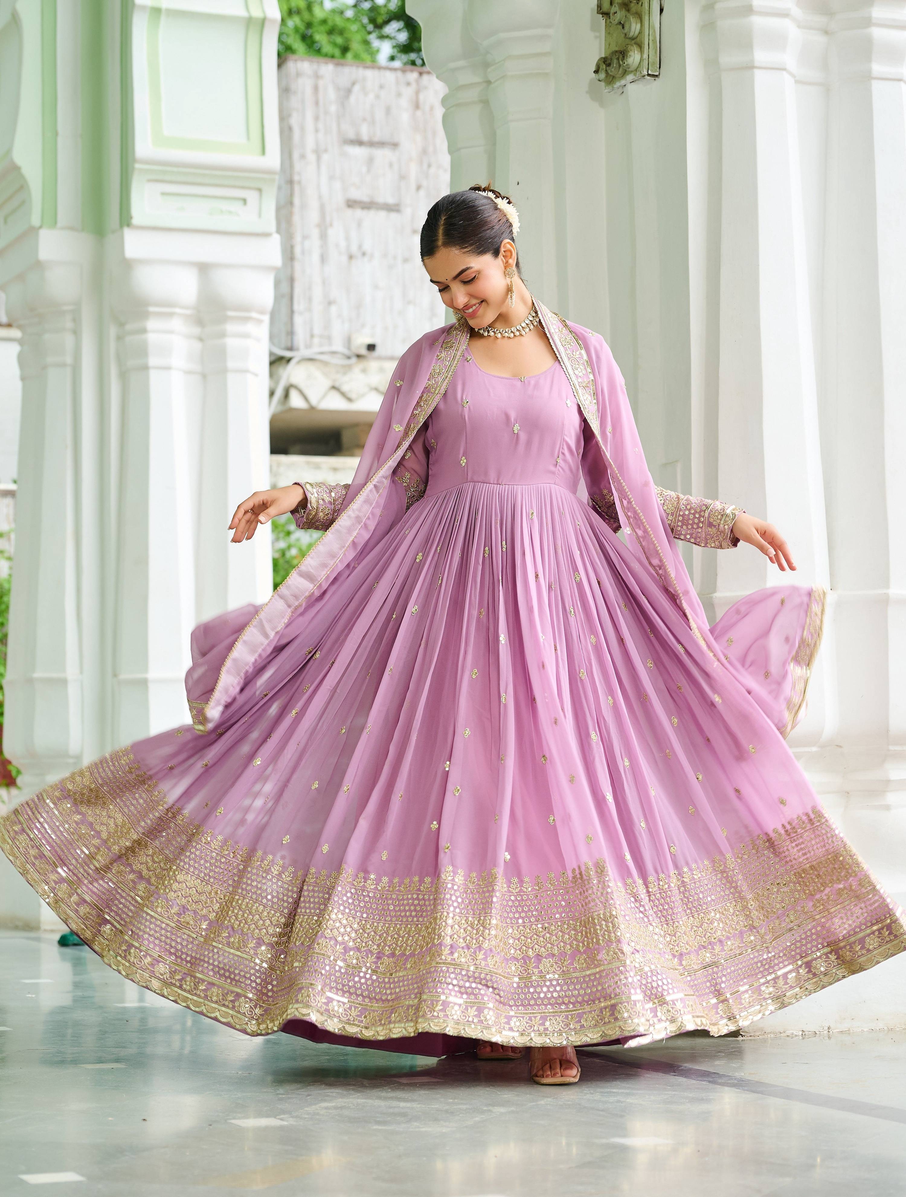 Vedant Vastram Georgette Embroidery & Sequence Work Stitched Ethnic Gown-Pink