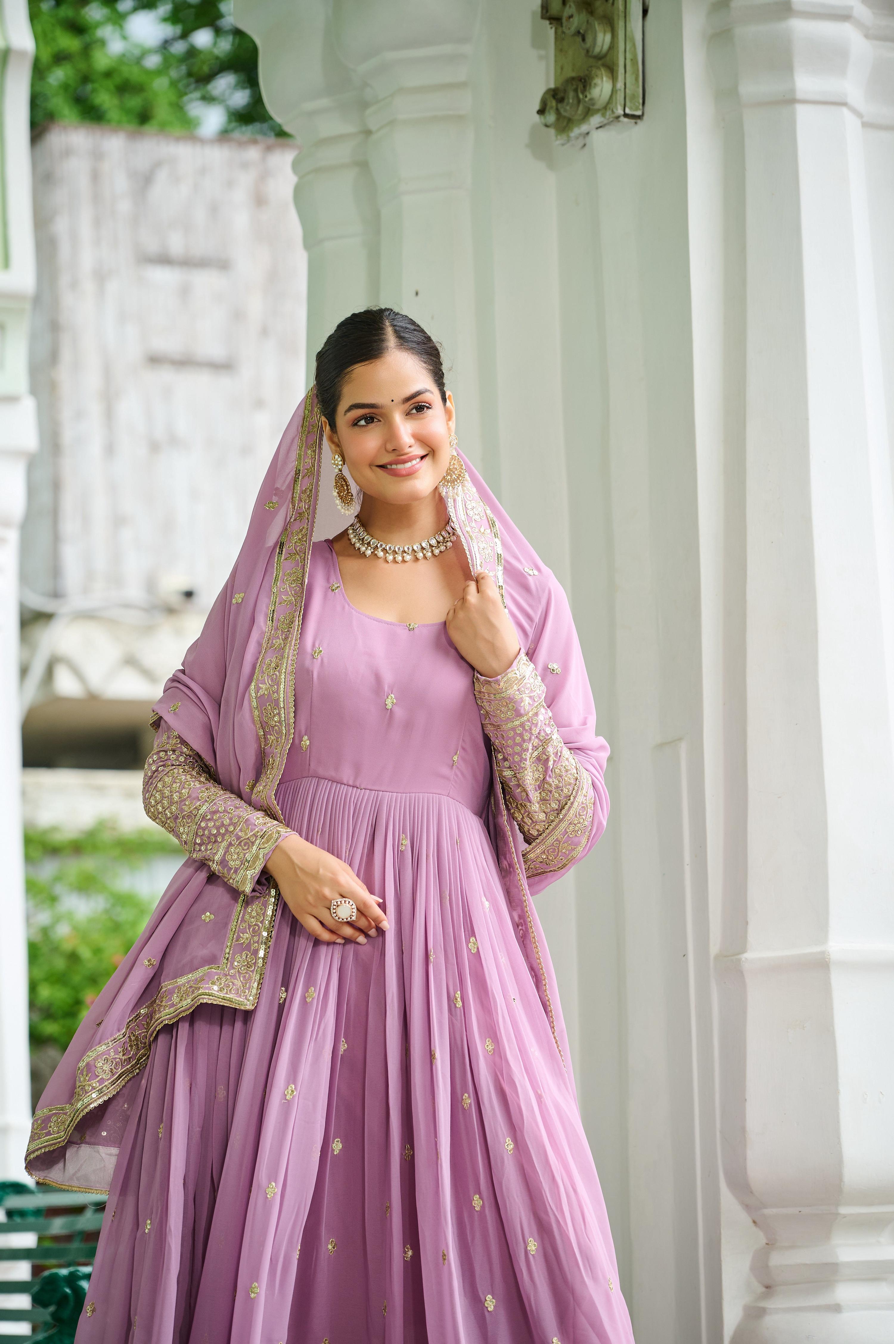 Vedant Vastram Georgette Embroidery & Sequence Work Stitched Ethnic Gown-Pink