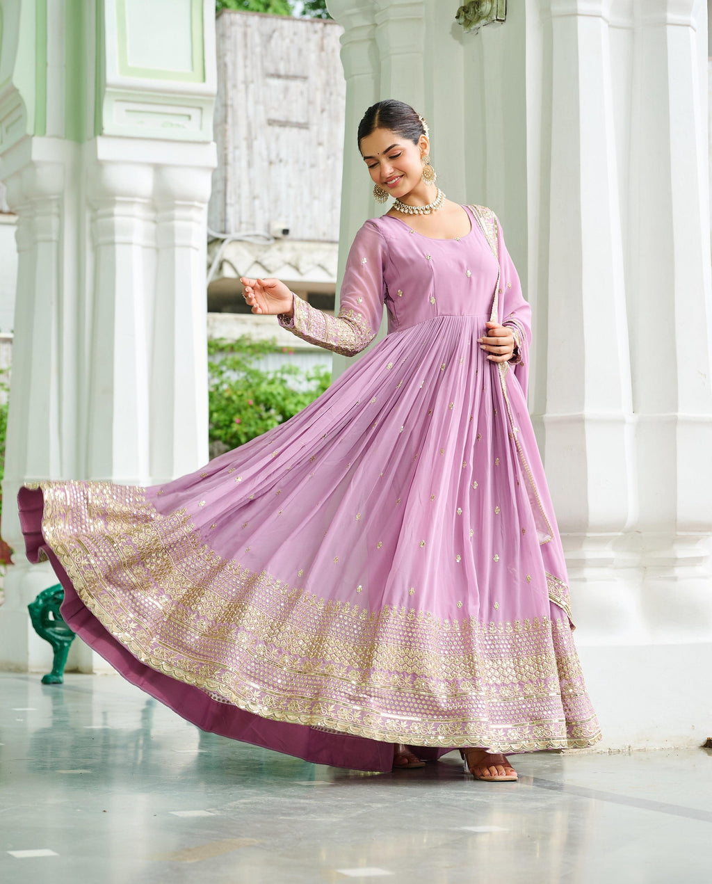 Vedant Vastram Georgette Embroidery & Sequence Work Stitched Ethnic Gown-Pink