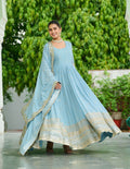 Vedant Vastram Georgette Embroidery & Sequence Work Stitched Ethnic Gown-Sky Blue