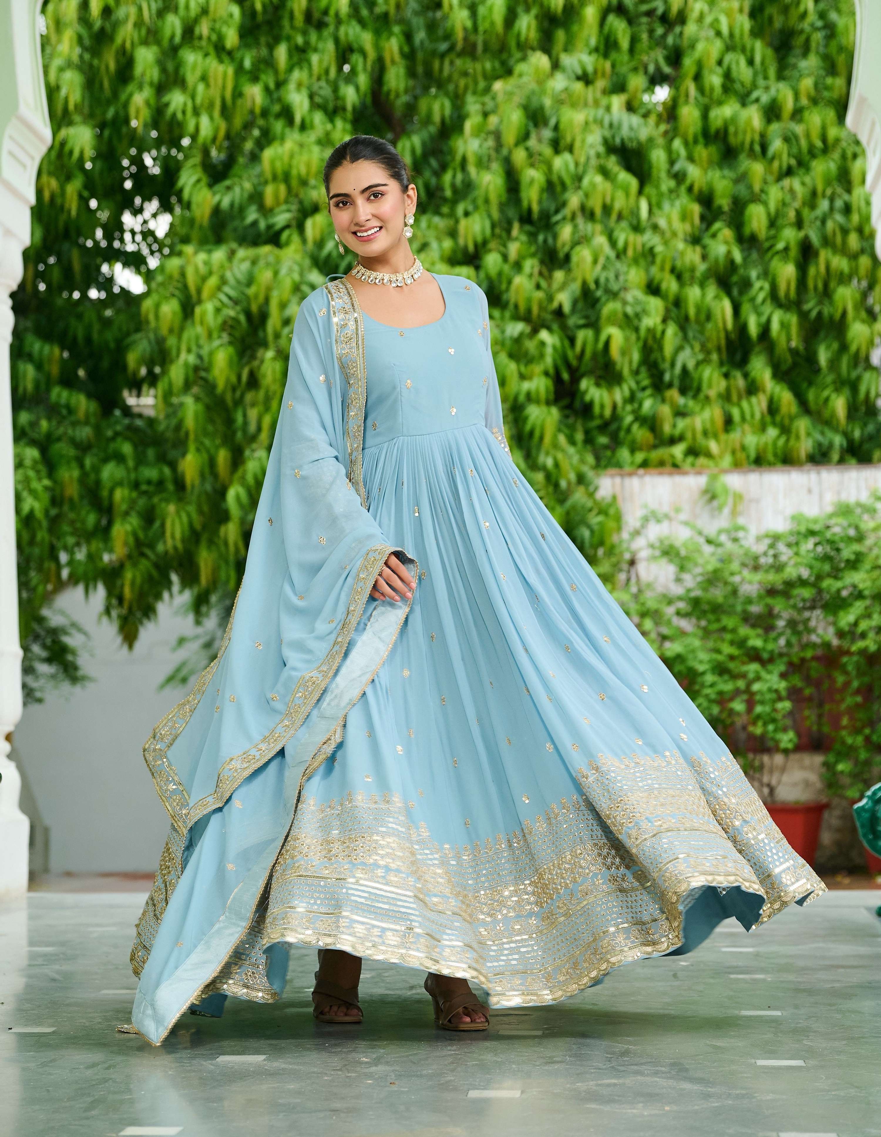 Vedant Vastram Georgette Embroidery & Sequence Work Stitched Ethnic Gown-Sky Blue
