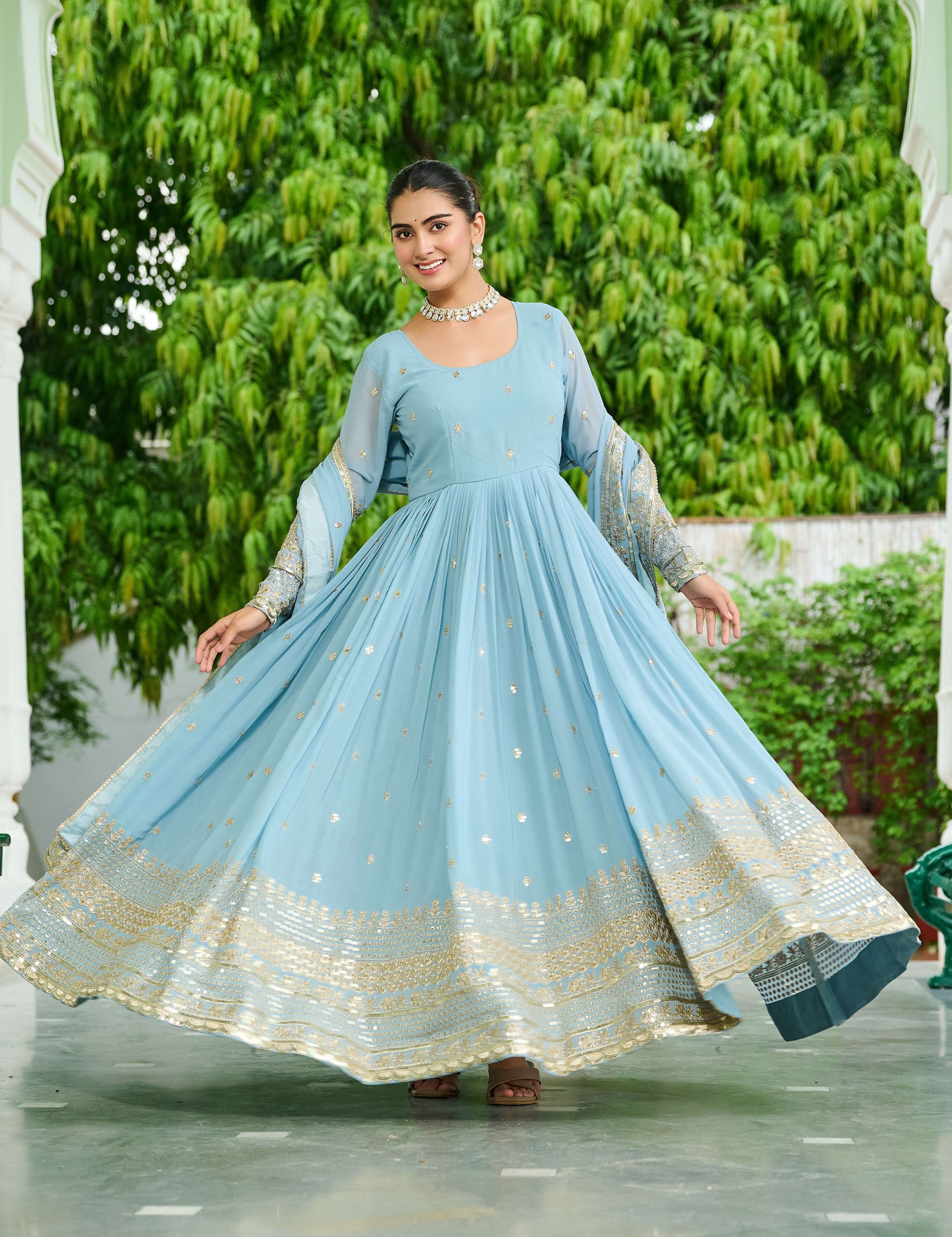 Vedant Vastram Georgette Embroidery & Sequence Work Stitched Ethnic Gown-Sky Blue