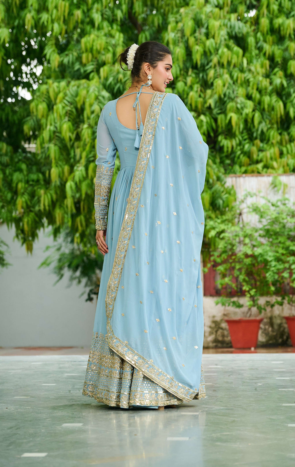 Vedant Vastram Georgette Embroidery & Sequence Work Stitched Ethnic Gown-Sky Blue