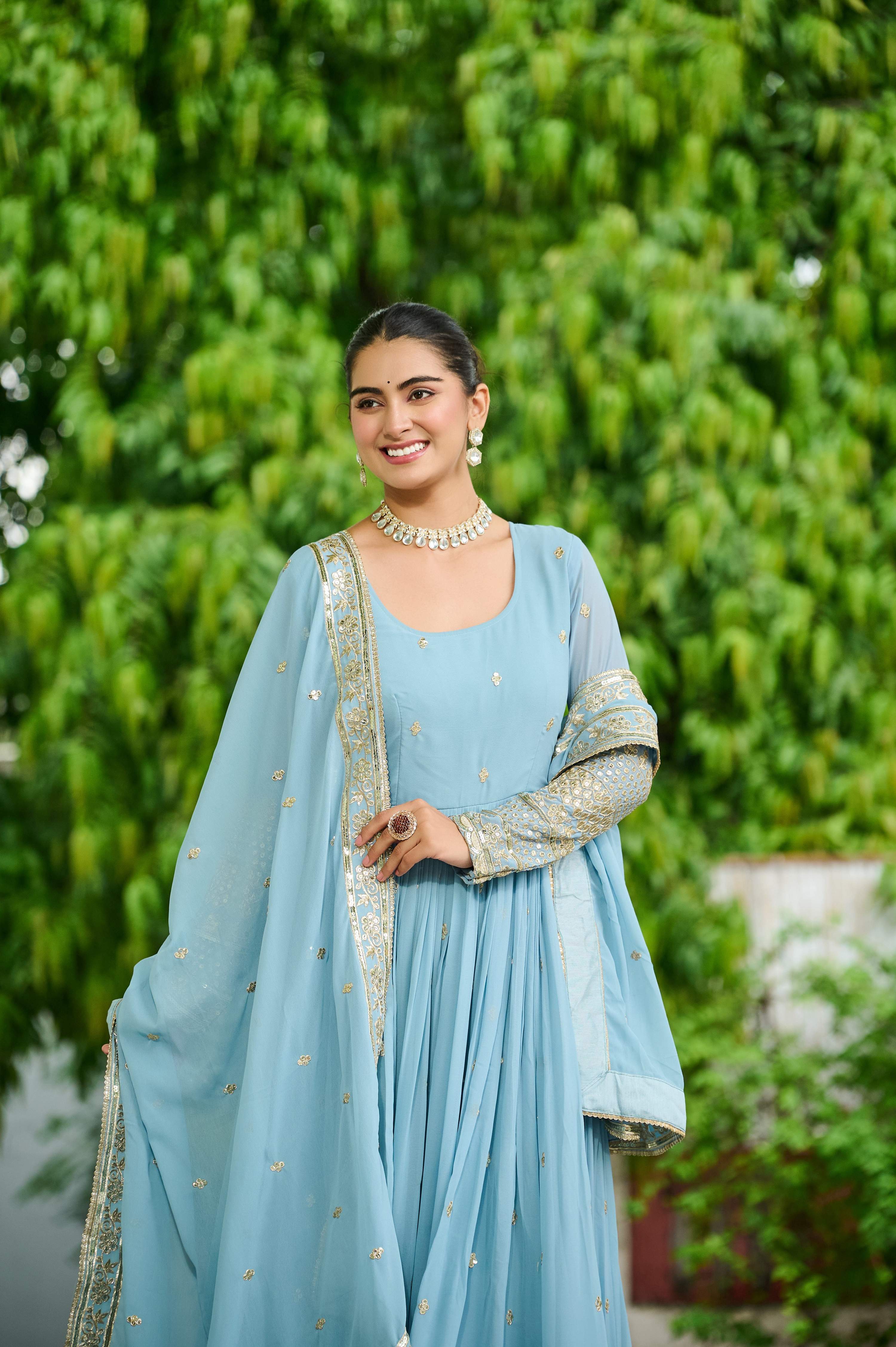 Vedant Vastram Georgette Embroidery & Sequence Work Stitched Ethnic Gown-Sky Blue