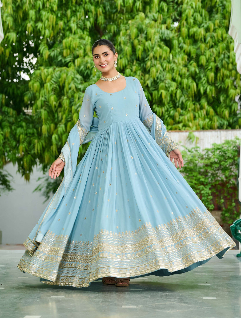 Vedant Vastram Georgette Embroidery & Sequence Work Stitched Ethnic Gown-Sky Blue
