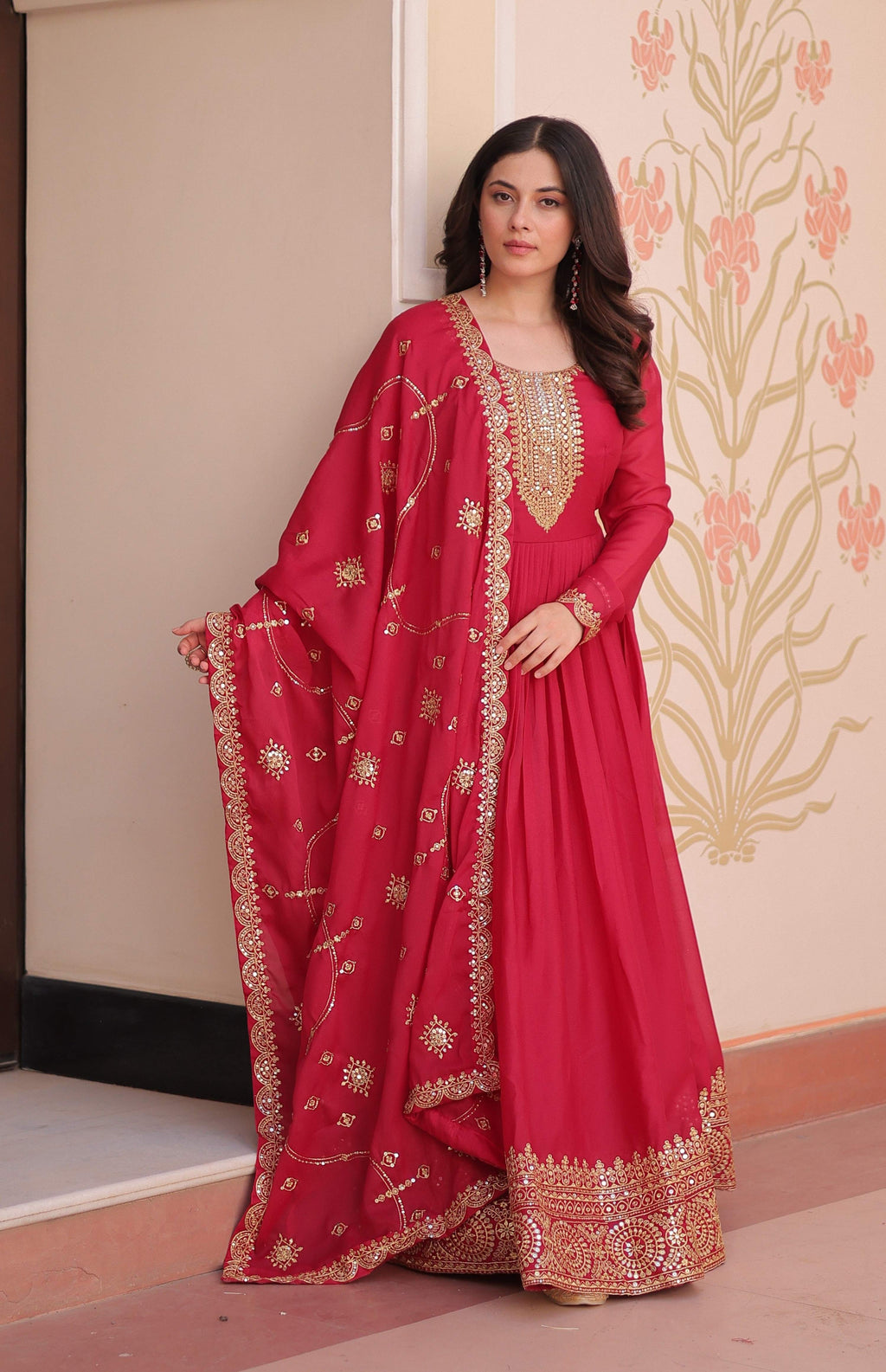 Vedant Vastram Georgette Embroidery & Sequence Work Stitched Ethnic Gown-Pink