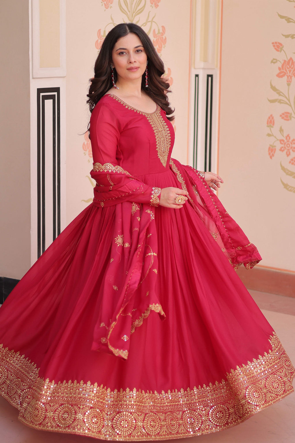 Vedant Vastram Georgette Embroidery & Sequence Work Stitched Ethnic Gown-Pink