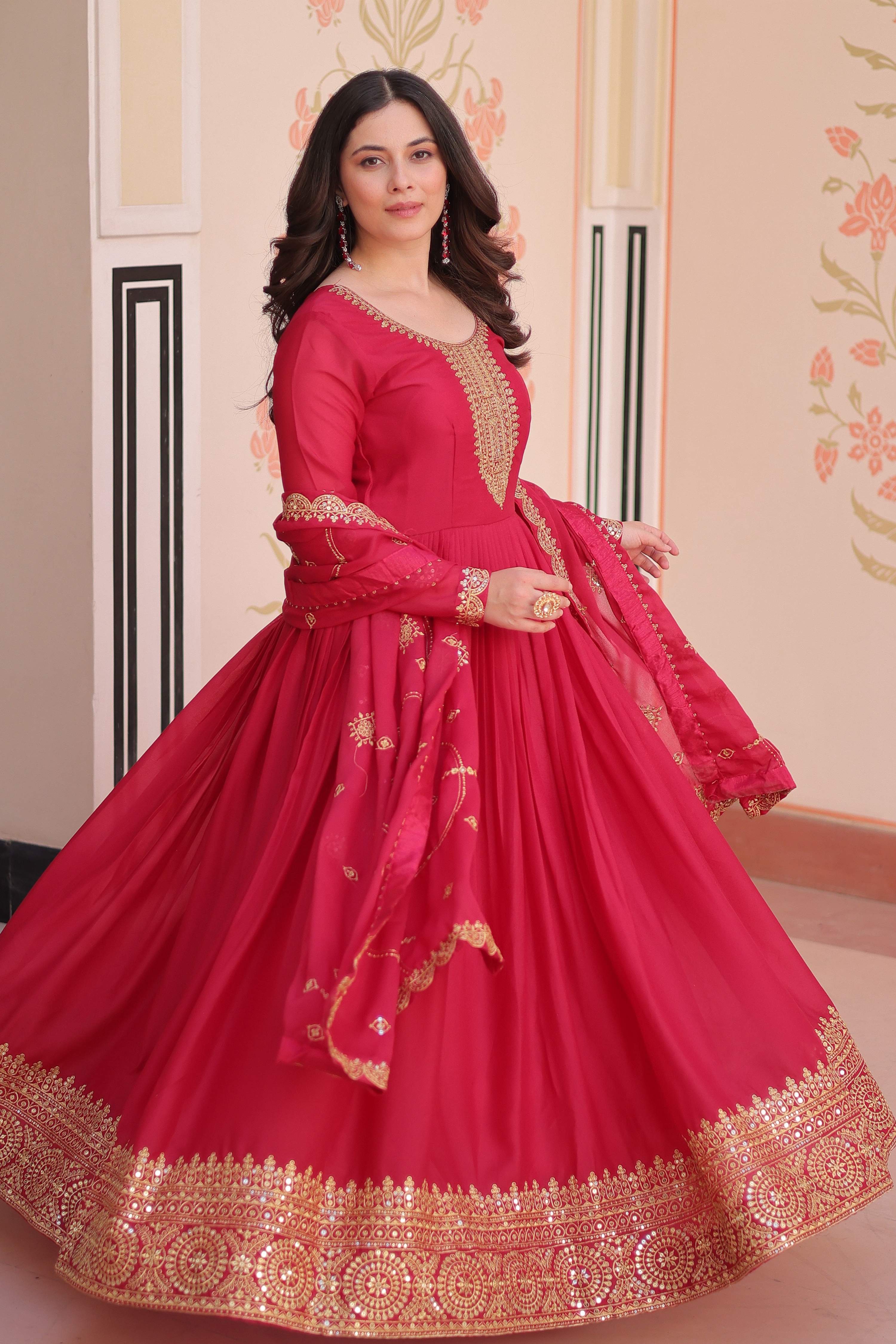 Vedant Vastram Georgette Embroidery & Sequence Work Stitched Ethnic Gown-Pink