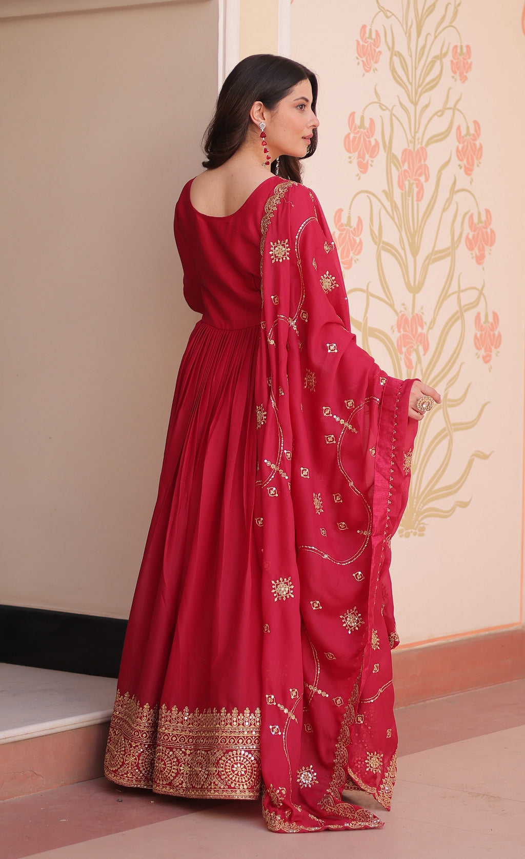 Vedant Vastram Georgette Embroidery & Sequence Work Stitched Ethnic Gown-Pink