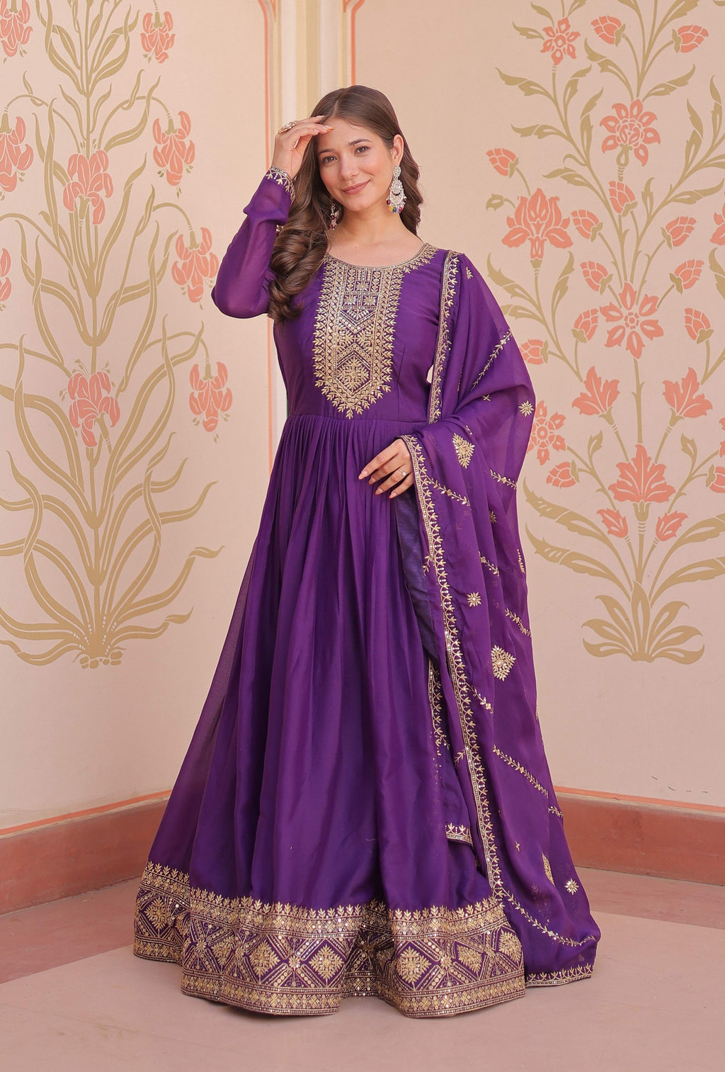 Vedant Vastram Georgette Embroidery & Sequence Work Stitched Ethnic Gown-Purple